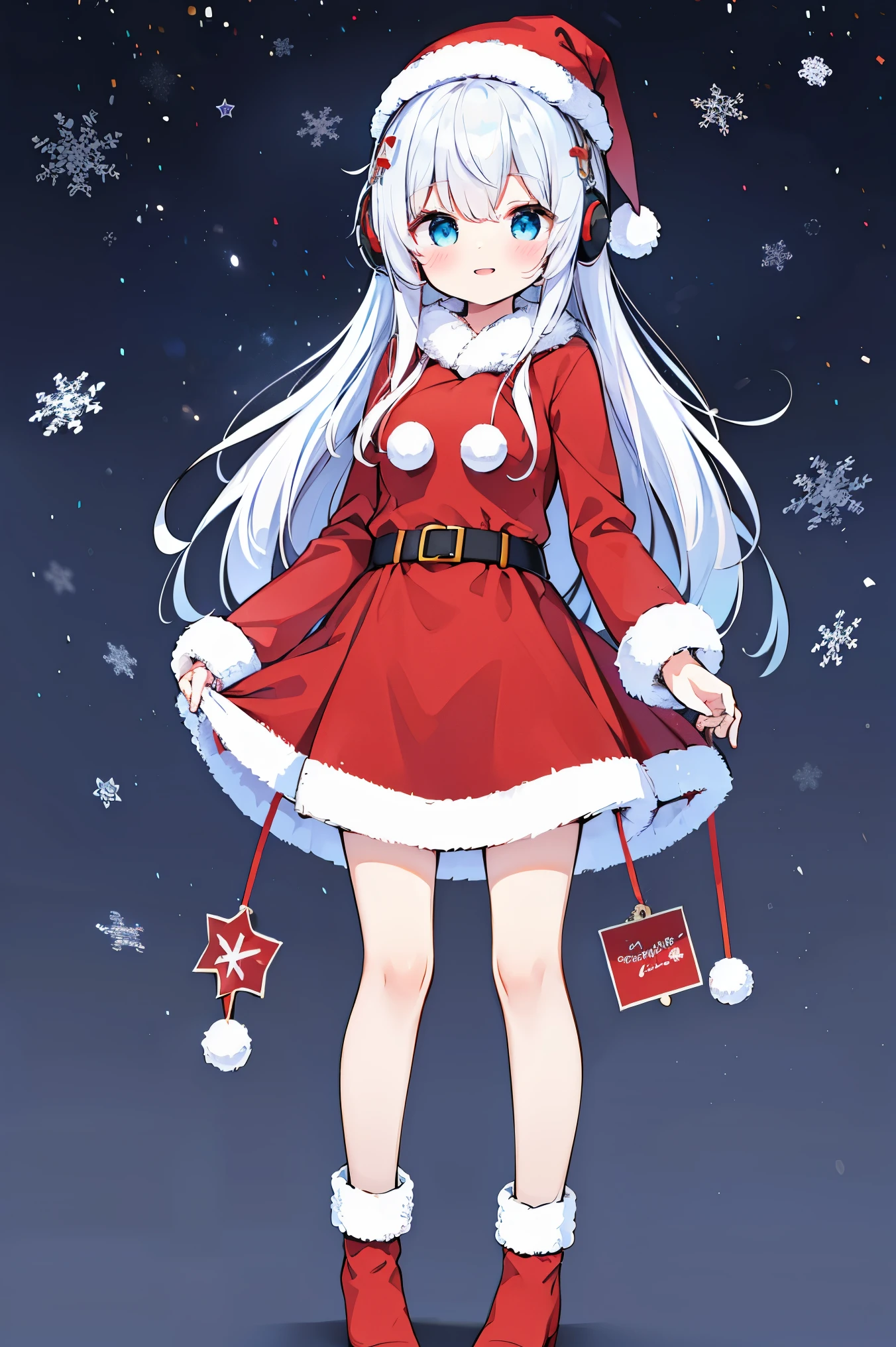 "anime girl, 1 person, silver white hair mixed with black, blue eyes, wearing headphones, Santa hat,Santa shirt, Santa outfit, Christmas outfit, red winter outfit, red winter dress, big breasts, long socks, standing cross-legged, smiling shyly, blushing, looking sideways, cold winter, snowing, suitable for Christmas gifts, Christmas,chibi,loli,full body, solo(full HD Image 4K+)"