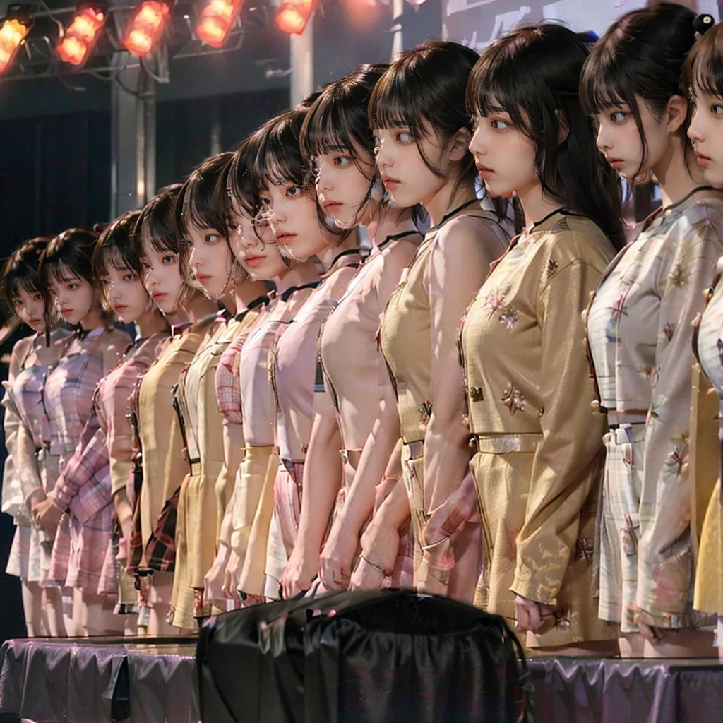 Raw photo、(((multiple girls))),((((6+girls)))),Women only、100 idols singing and dancing on stage、************,japanes、((Same height))、The same face,((A dark-haired)),Longhaire