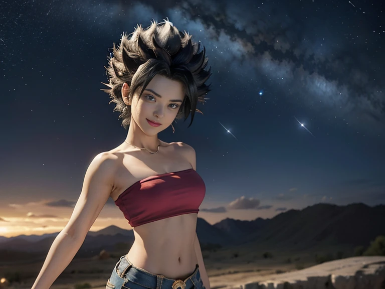 centered, award winning upper body portrait, cowboy shot, (looking at viewer:1.2), | solo, standing, smile, smug, Caulifla_DB,  bare shoulders, midriff, baggy pants, | space, stars, planet, | bokeh, depth of field, cinematic composition, |  dynamic pose,