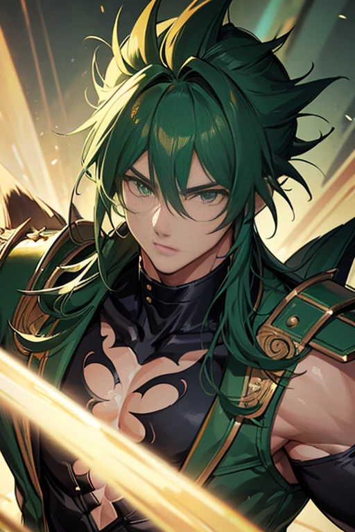 Highly detailed, (masterpiece), best quality, expressive eyes, perfect face, 1man, spiky long hair, raising hair, Super saiyan Green hair, green eyes, Bulky Body Builder Masculine body, Green leather Jacket & Jeans