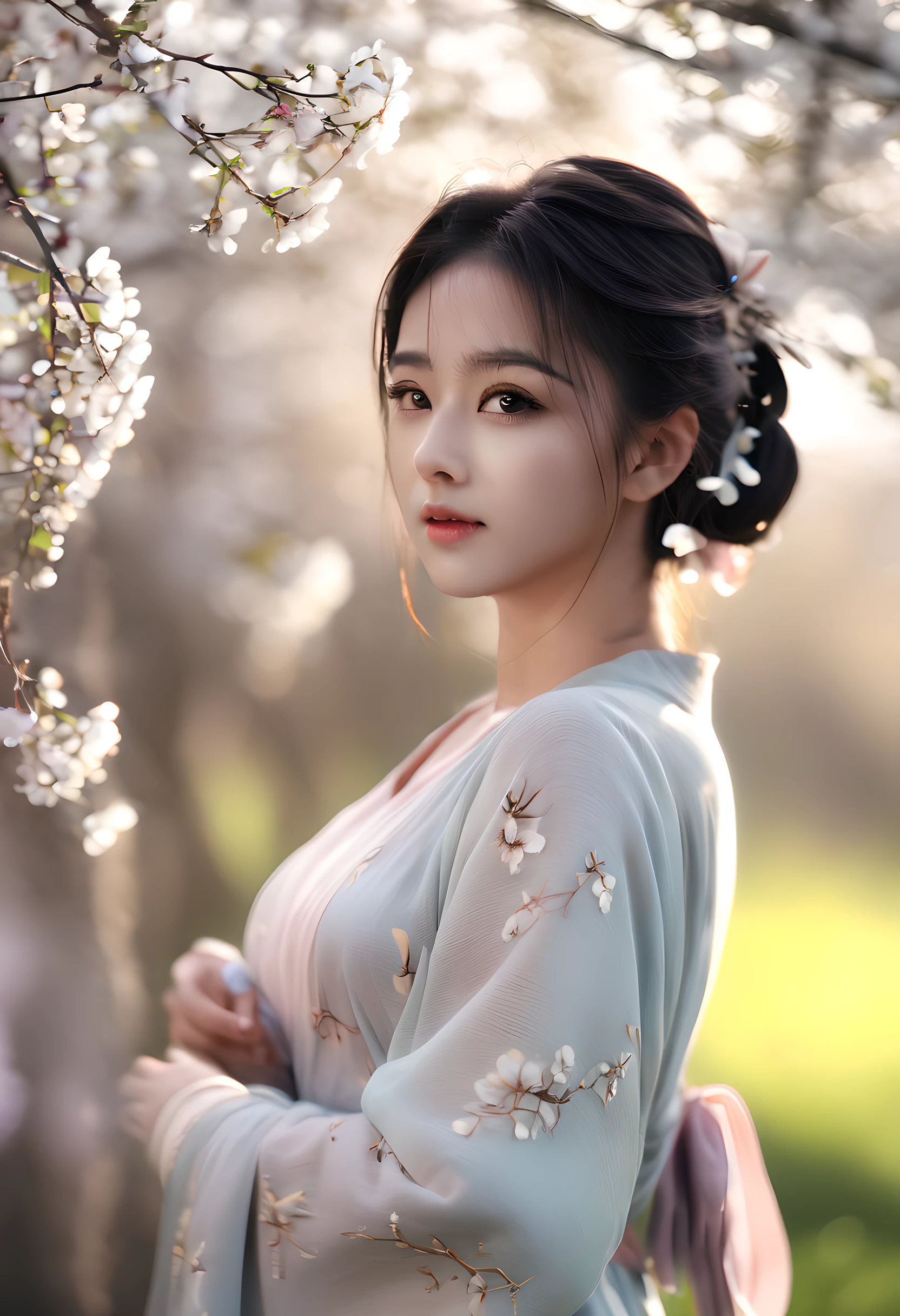 Movie lighting photos 1girl,long wrap dress ,springtime. 50 mm photo, 电影灯光, bokeh, professional, 4K, The content is very detailed