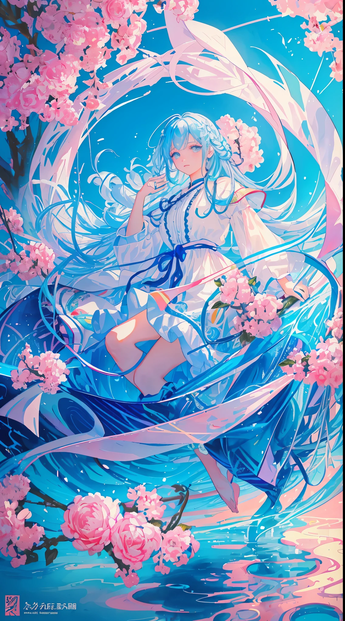 (tmasterpiece), (Best quality at best), (ultra - detailed),(Disk hair),(illustratio), (1girl), (Fashion clothing), Permanent, A fashion model, looking at viewert, (Interview), ( Background with), Beautiful and delicate eyes, exquisite and beautiful face, floating, (high saturated), (colorful splash), Colorful bubbles, (shine), Focus on the face, Ayaka Kamisato, lightblue hair, By bangs, Hair rings, floating flowers, floating hair. girl, anime grandma, looking at viewert, The is very detailed, reflective transparent iridescent colors, Transparent iridescent RGB long hair, Works by Serafleur from artstation, thick acrylic, illustratio on pixiv, Portrait of waist up, Gorgeous saints, Best quality at best, 超詳細, sad, ingenious, pretty face, Character styles rendered by Octane,