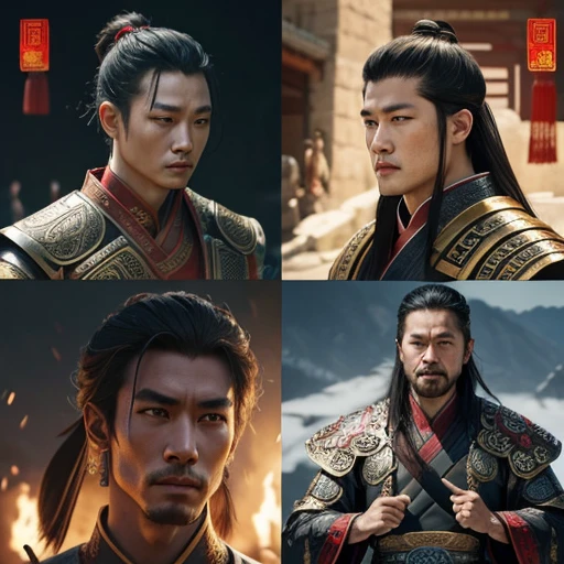 oriental、man in ancient chinese armor、ancient chinese hairstyle man、three kingdom、multiple warlords、top-quality、​masterpiece、超A high resolution、(Photorealsitic:1.4)、Cinematic poster