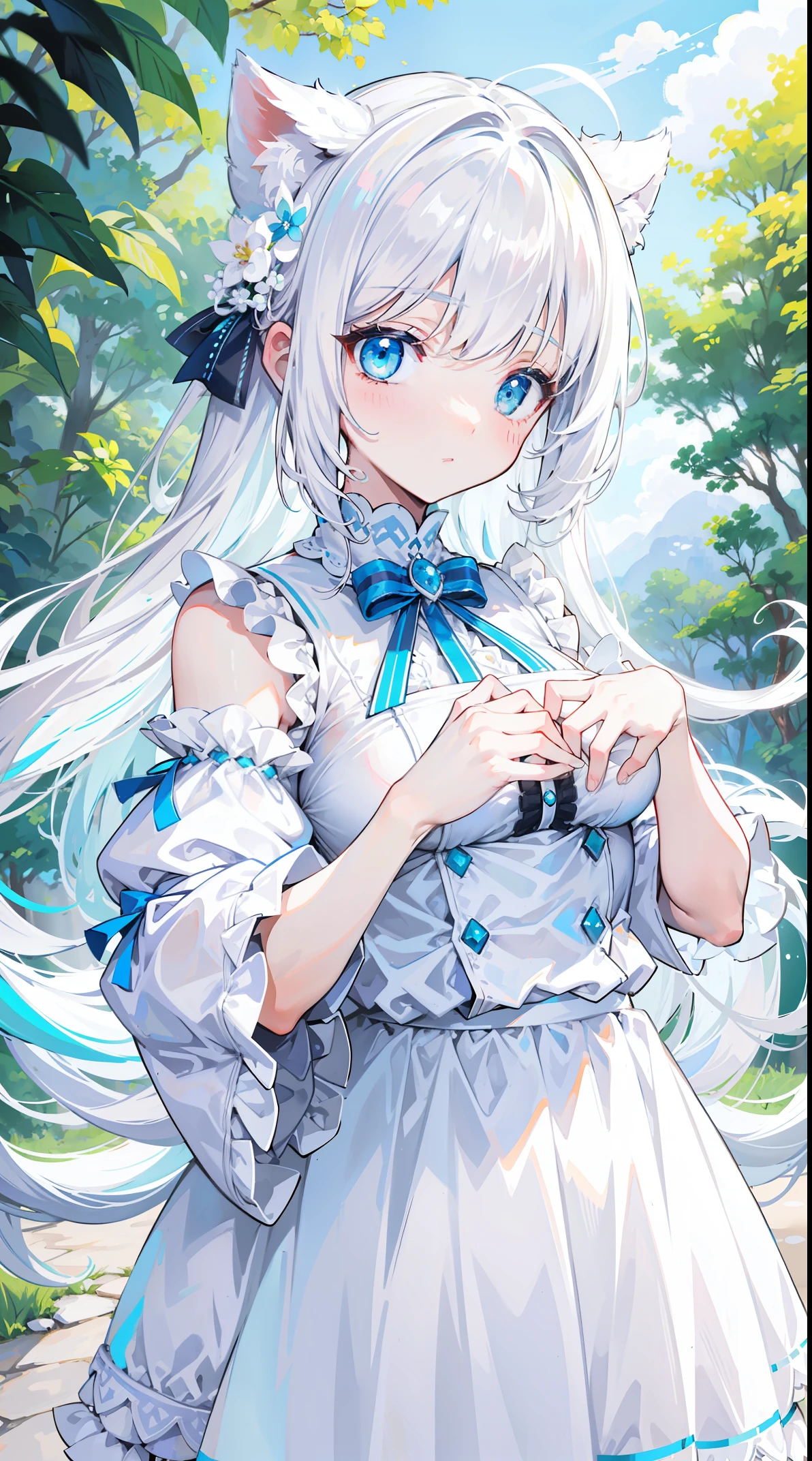 Milky white hairy tits,white clothes,Huhu is a very cute face,This is a cute and sweet girl,Girl with cyan eyead milk,white color hair,(The view of the hands is completely obstructed:1.8)