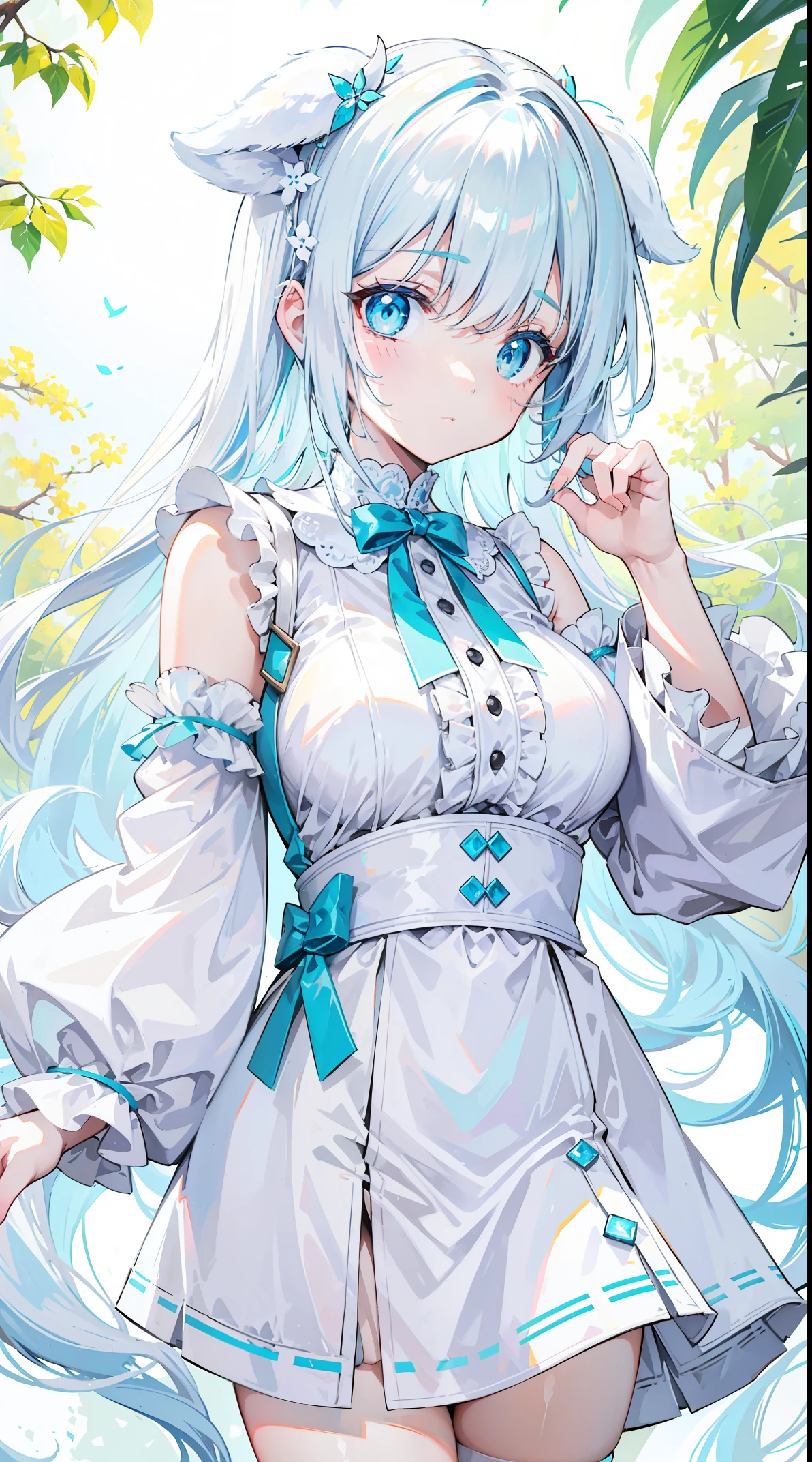 Milky white hairy tits，white  clothes，Huhu is a very cute face，This is a cute and sweet girl，Girl with cyan eyead milk，white color hair，（The view of the hands is completely obstructed：1.8)