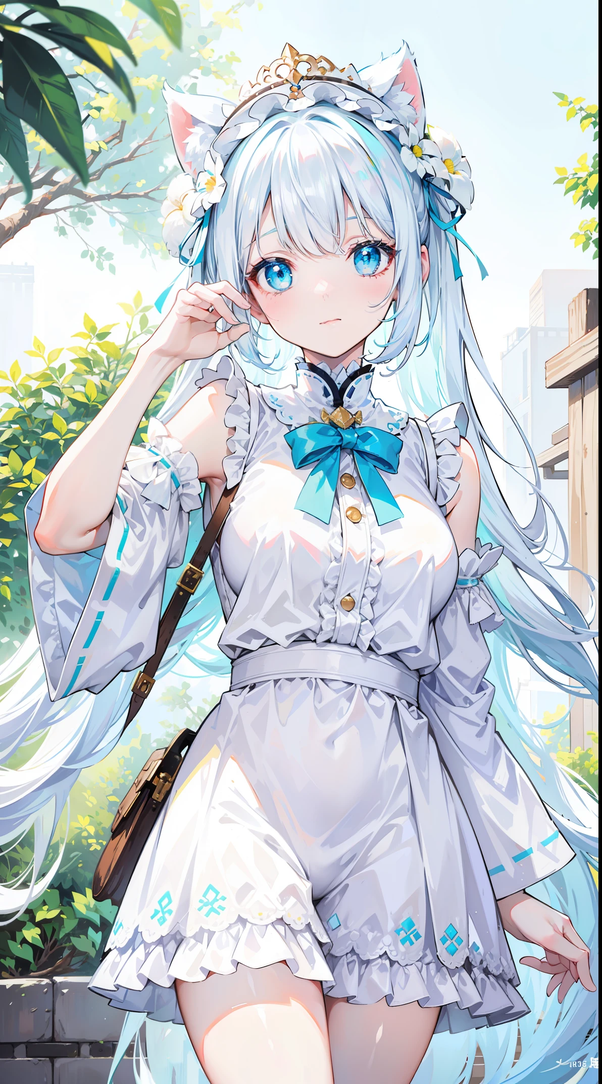 Milky white hairy tits，white  clothes，Huhu is a very cute face，This is a cute and sweet girl，Girl with cyan eyead milk，white color hair，（The view of the hands is completely obstructed：1.8)