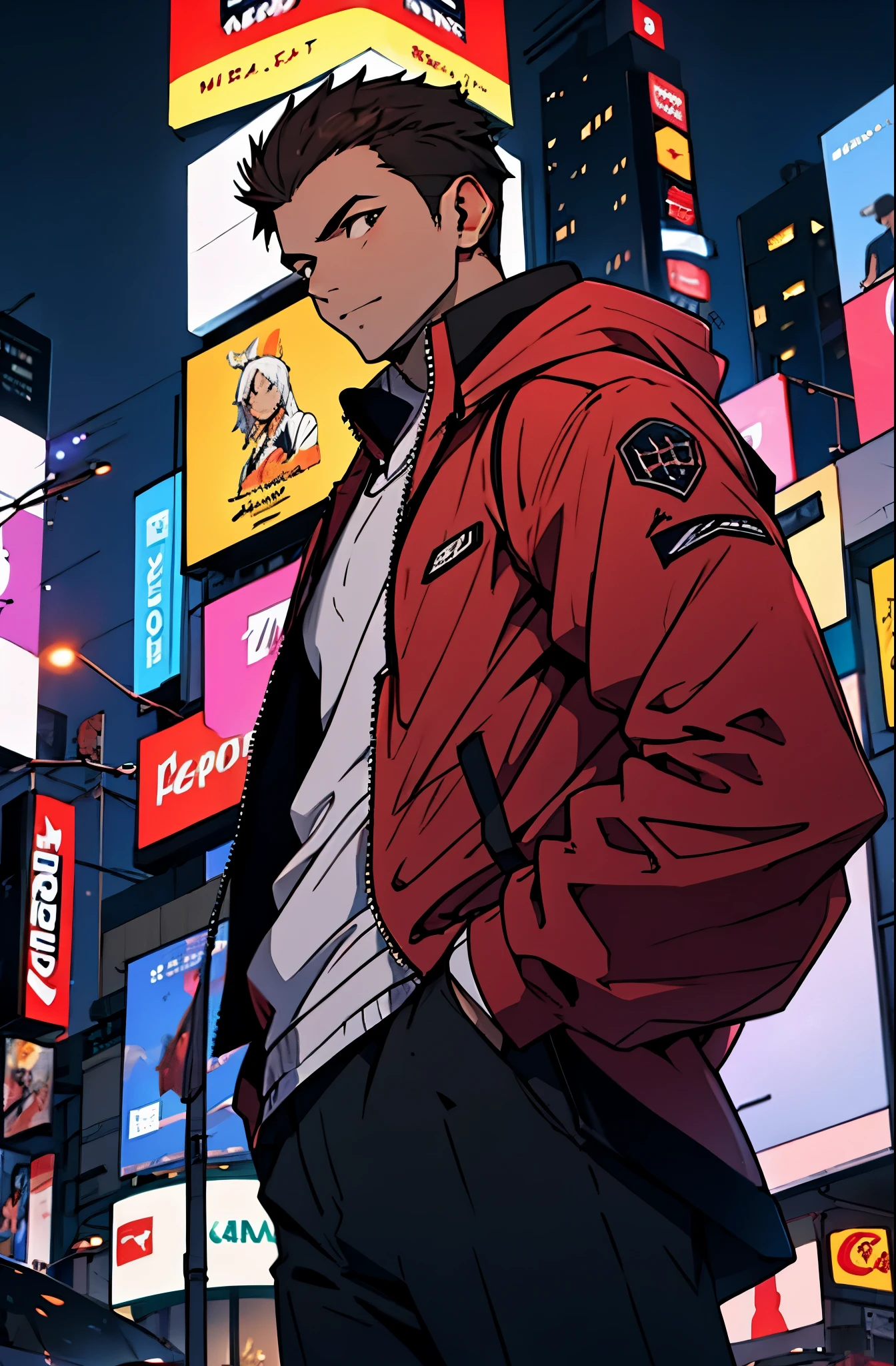 A mais alta qualidade, 8K, image high resolution, good ilumination, sombras detalhadas, Detailed strokes, no meio de uma avenida movimentada estilo Times Square de noite , inverno, apoiado em um dos postes, adolecente, Yuji Itadori, Dark Brown Hair , Wearing a cold jacket , masculo , Tight chest in jacket , (angulo de baixo), (Angulo de Perto), pernas definidas, defined arms, com a camisa,