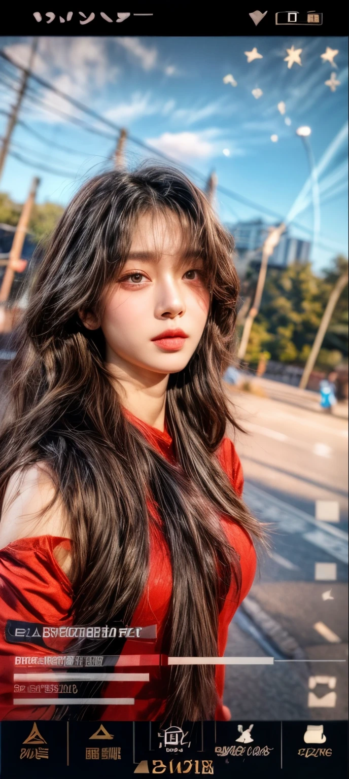 masterpiece、8K、32K、top-quality、(A detailed eye)、(A cute Japanese woman、bangss)、23years old、1 girl in、elegent、(Detailed background depiction、portlate:1.2)、(Starry sky)、moonlights、Red dress、ssmile、邪魔なbangss