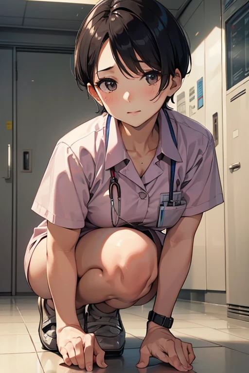 Beautiful Mature Woman、Neat face、short-cut、nurse、hospitals、crouching down