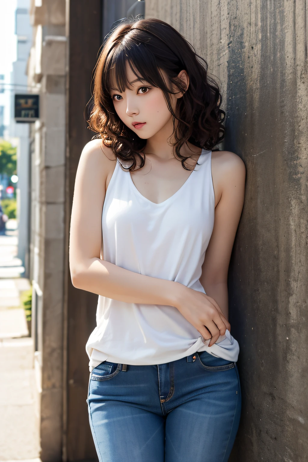 masutepiece, Best Quality, 1girl in, Bare shoulders, jeans, Curly hair, Sleeveless, leaning to wall, Standing,