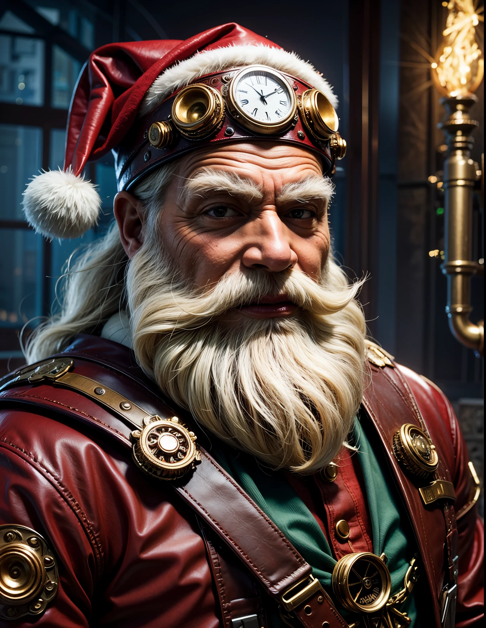 santa claus, Wear a hat with a clock., Red leather dress, Hyper-realistic details, ภาพเหมือนของsanta claus, (Realistic face details), intricate detailed, very high details, photo-hyper-realistic, 8k, UHD, hyperdetailed,
