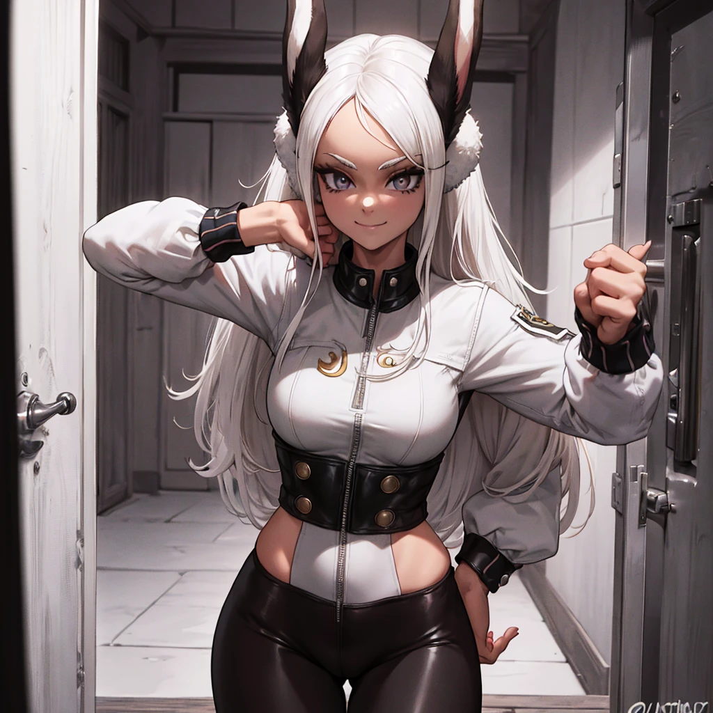beautiful young warrior with bunny ears on her head, com rosto bem detalhado e bonito, belos olhos, belos olhos, rosto lindo, mulher jovem e bonita vestindo leggings longas com detalhes pretos, usando mini saia curta, usando jaqueta de couro preta, Standing in a castle, usando bota preta, cabelo comprido branco, ,orelhas de coelho, belo sorriso, Tomboy, um pouco musculoso,suter branco com cinta em volta, olhar serio,usando jaqueta de couro , leather jacket