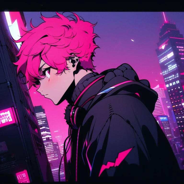 (short-cut), (Two-block hair), (vivid pink hair), (male character), (Red Eyes), (Cool pose), (of the highest quality), (masterpiece), (ultra-detailliert), (Oversized hoodies), (headphones), (Street), (neons), (Camera from a down angle), (Modern City), (neonsデイライト), (Cinematic), (Stylish), (hight resolution), (Hyper Detailed), (Looking at the camera), (Anime-style), (Softtown), (nightcore), (a handsome man), (Listening to music), (natural appearance of the building), (casual), (ig studios anime style), (Stylish angle of view),