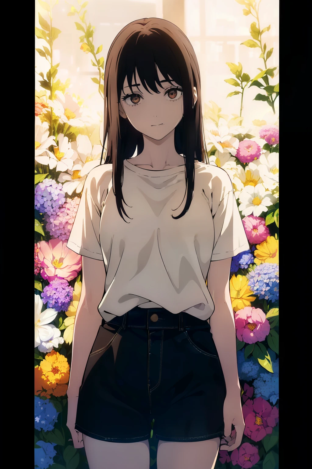 ((((Obra maestra, La mejor calidad, ultrahigh resolution)))), 1girl, standing, (baggy white t-shirt, loose fitting blue shorts, long back hair, long dark black hair, pale skin, ((beautiful brown eyes)), ((ultra detailed eyes:0.7, beautiful and detailed face, detailed eyes:0.9)), ((centered)), smile, (wide shot), facing viewer, (((vibrant background of outside, LSD flowers, bright lighting, darkness)), flat chested, ((looking at viewer)), ((half closed eyes)), ((perfect hands)), ((head:1, hips, elbows, arms, in view)), empty eyes, beautiful lighting, defined subject, 25 years old, ((a very cool image)),