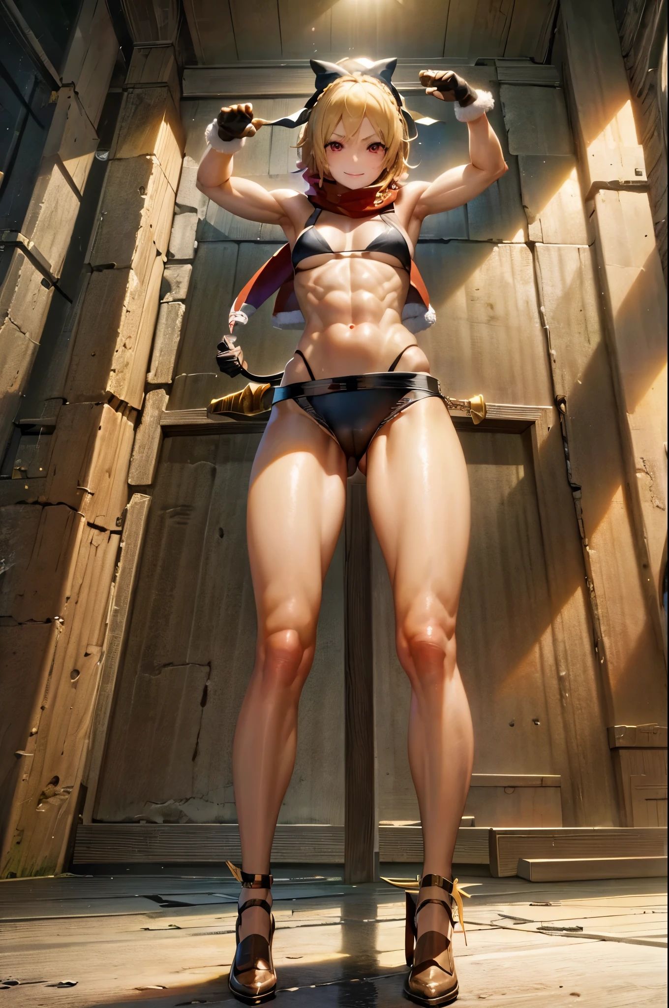 best quality, 4k, ((master piece)), extremely detailed, 8k, Trending in ArtStation, intricate, very high detail, sharp focus, detailed backfloor, (Fantasy City: 1.4), Roof, 1girl, floor, navel, (hair blonde), red eyes, hair bow, red scarf, braid, short hair, small breasts, Looking at the Viewer, smile, midriff, blonde hair, {{{very short and sexy bikini}}}, (wearing very short black panties ), Gloves, brown Gloves, (muscular legs), (((fighting pose)))