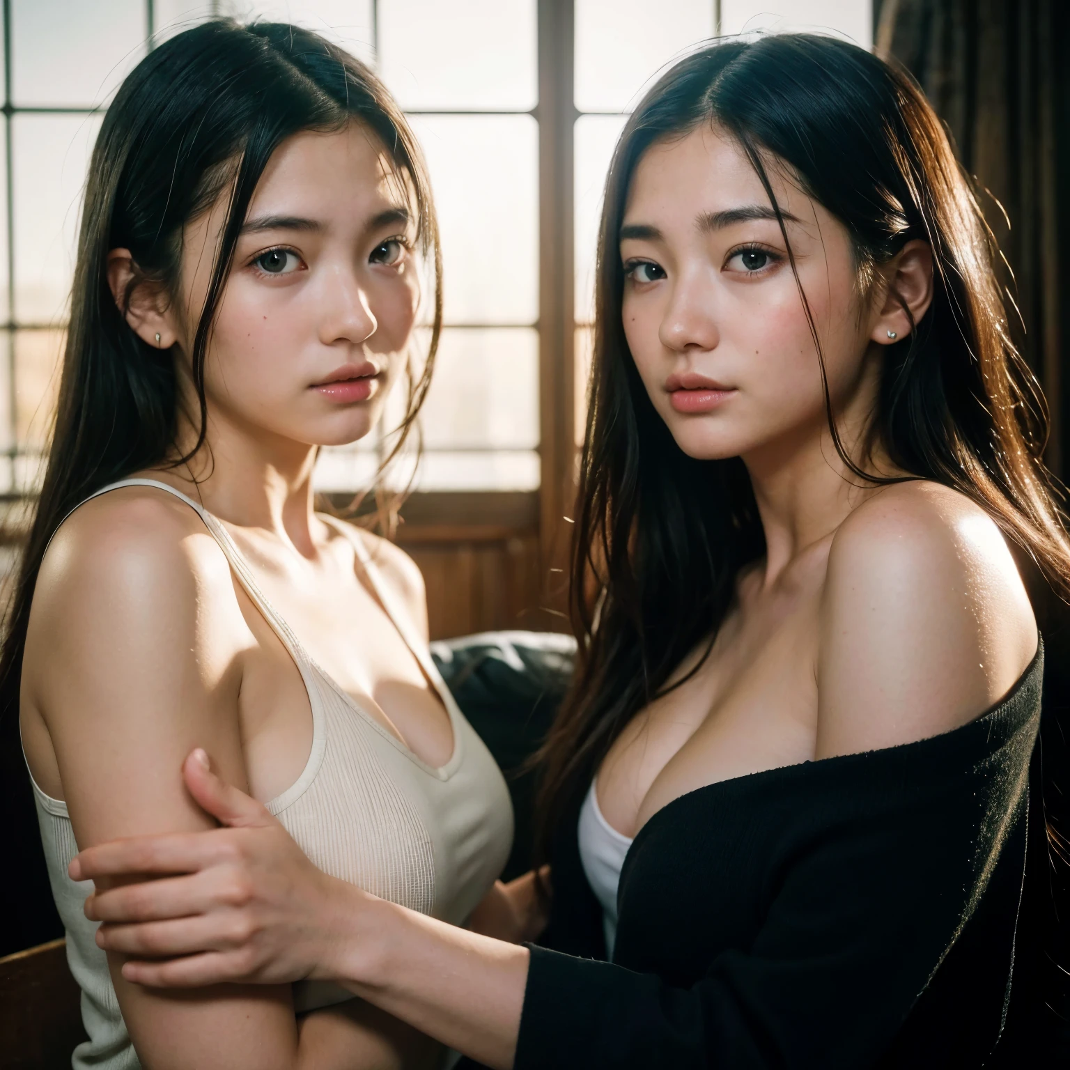 (masutepiece, Best Quality, beautiful quality), (Photorealistic:1.4), (Detailed Lighting, highlydetailed skin, very detail hair, shadowy, 8K, with baby face、Identical twin sisters of girls:1.2), Looking at Viewer, (high key lighting), Best Quality, Official art, Unity 8k壁纸, 超A high resolution, Ultra-detailed, Beautiful and aesthetic