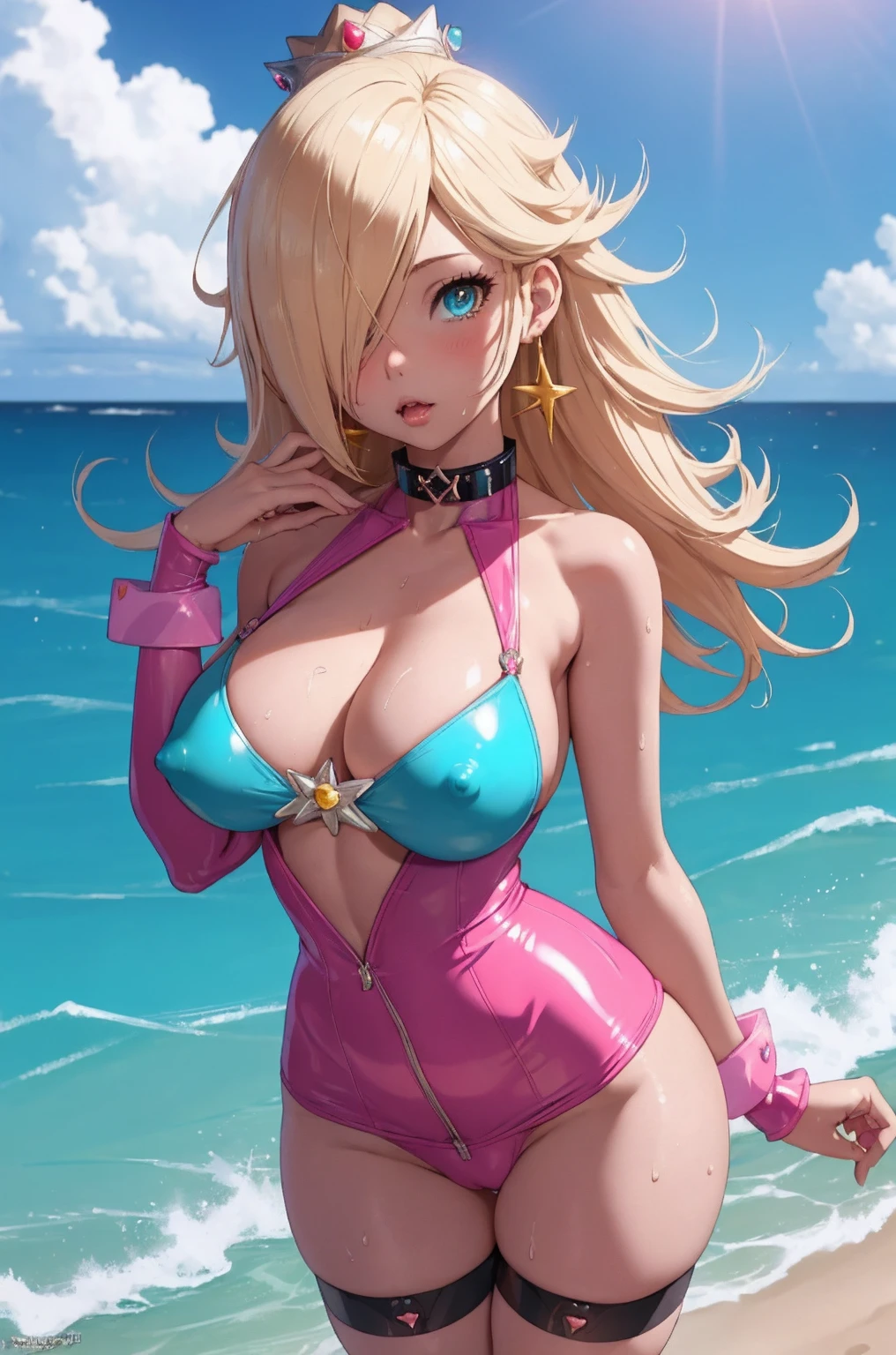 nsfw slutty rosalina, bimbo anime girl in a pink latex outfit posing on a beach, smooth pink skin, oppai pink body, seductive anime girl, shiny wet skin!!, revealing_clothes, big breast,chubby, venus body, milf, voluptous, pink girl, some pink, perfect girl, pink skin, wet swimsuit, extremely detailed artgerm, sleeveless_dress, short_dress, pink_dress, shiny_skin, shiny_clothes, collar, covered_nipples, latex,black_legwear, cleavage, pink_skirt, skin_tight, choker, latex_gloves,
