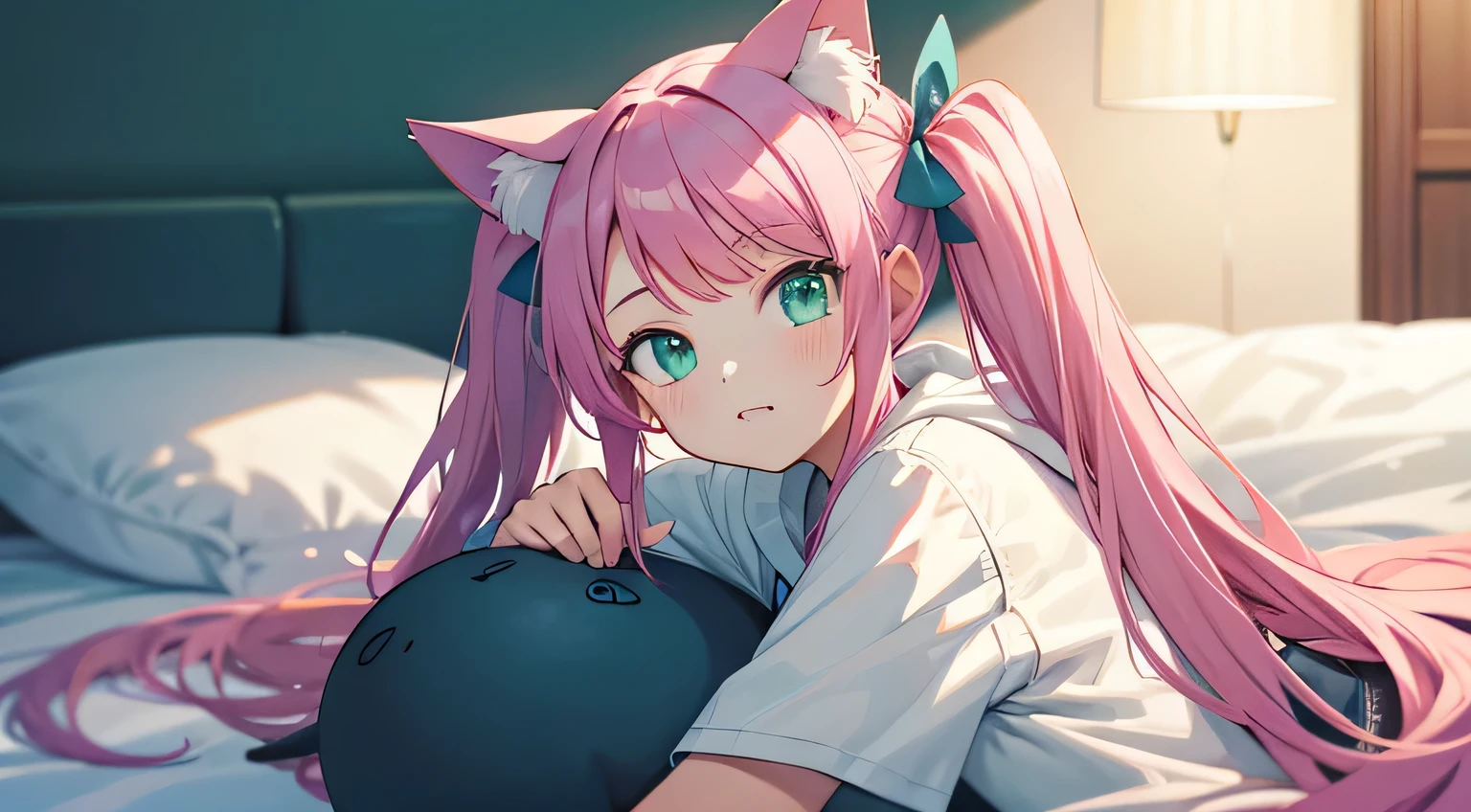 Best Quality, Masterpiece, High Resolution, age girl, pink hair, long hair, two pigtails, cat ears, white shirt, white hoodie, turquoise green eyes, one canine tooth