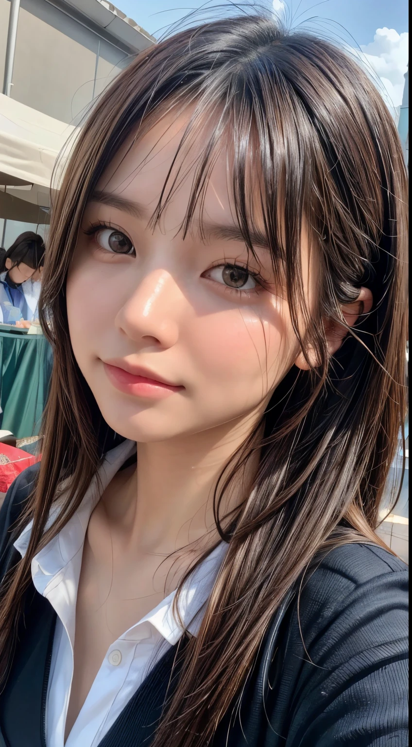 (8k,masterpiece, RAW photo,best quality:1.4),(photo realistic:1.2),(extremely detailed face),(shiny skin),(detailed skin),(detailed face),(extremely beautiful face),1girl,looking at viewer,Japanese idle(actress), brown hair,medium hair,straight hair,asymmetrical bangs,smile,glamor,large breasts, school uniform,christmas market, face focus/close up,natural lighting