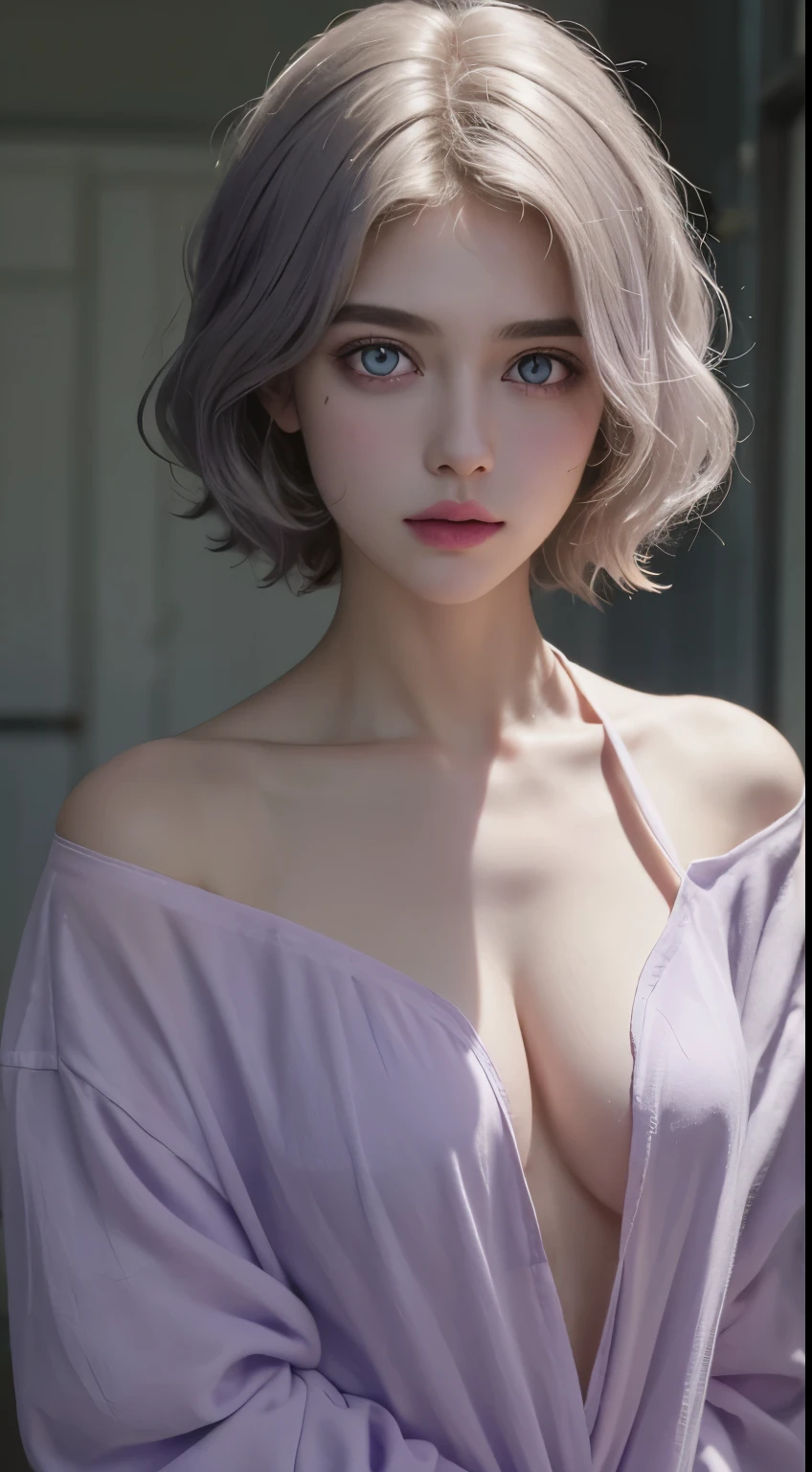 best quality, master part, ultra high-resolution, (fotorrealista:1.5), Foto RAW, 1girl, Fora do ombro, No escuro, Melancholy light, discreto, luz fria, olhar sexy, short cabelos platinados brancos (((cabelos platinados brancos)), (((Purple eye))), barriga definida, corpo inteiro delineado, pernas a mostra