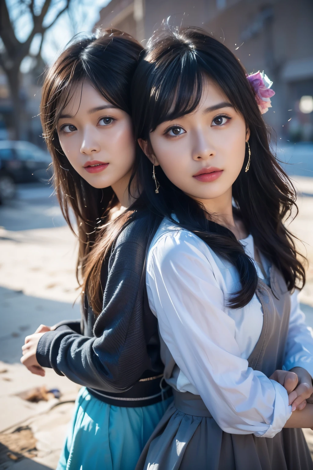 two girls,duo,masterpieces,best quality,Fine clothing, White clothes, Blunt bangs, braids, (mid breasts:1 ), cleavage between breasts, knit、Sheer knitwear、 Very long hair、Straight Hair、finerly detailed face、Cool face、(Smooth chin:0.85)、Eye、Beautiful eyes、Fine eyes、skirts、(evening glow:1.4)、From the Side、(cherry trees:1.5)、Photon mapping、physically based rendering、RAW Photos、high detailed background、(Photorealistic:1 )、Highres、Near and far law、front facing、