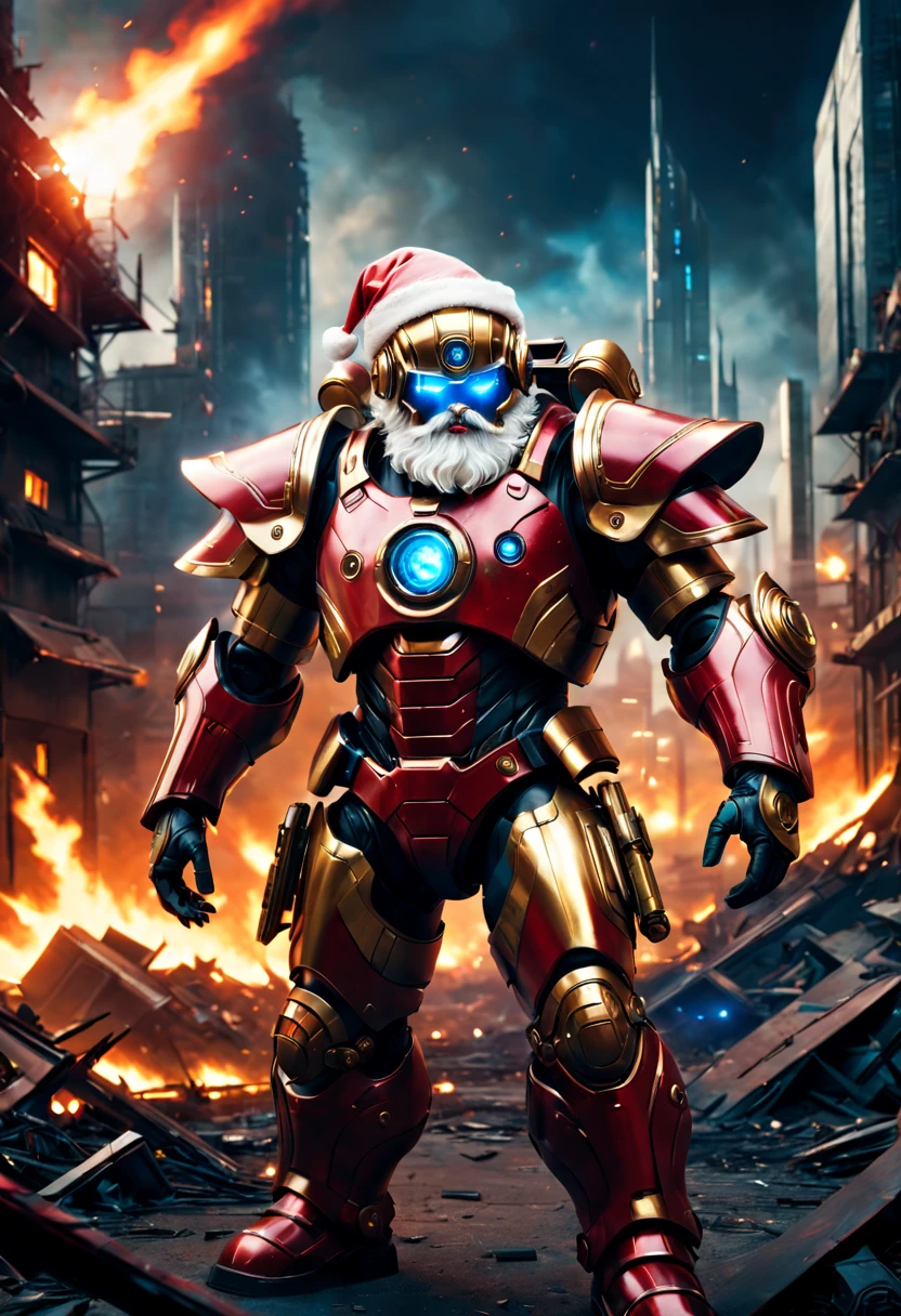 cybernetic santa claus，Mechanical suit of red and gold armor，sparkly blue color eyes，Intense war-like environment，Destroyed buildings and flames，The background is a futuristic cityscape，Equipped with laser gun and shield，Radar and aiming integrated in Santa hat，severe and threatening atmosphere，Sci-fi cyberpunk aesthetics，High contrast and desaturated tones，Dramatic and dynamic lighting effec quality,4k,highres,masterpiece:1.2),ultra-detailed,(realistic,photorealistic,photo-realistic:1.37)