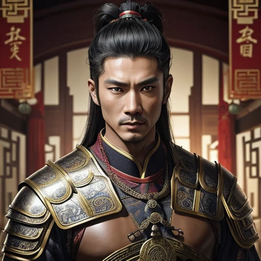 oriental、man in ancient chinese armor、ancient chinese hairstyle man、three kingdom、multiple warlords、top-quality、​masterpiece、超A high resolution、(Photorealsitic:1.4)、Cinematic poster、Supporting role introduction