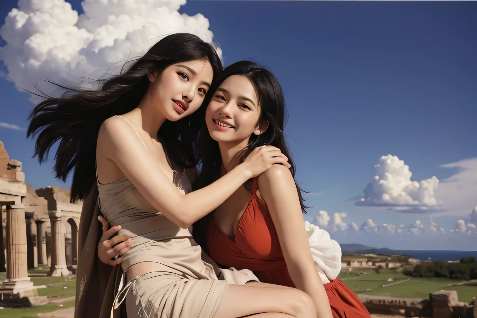 angelicales,Ancient Roman ruins,Poussin-style landscape,A smile,,Sweet and seductive appearance.、Caravaggio's paintings、Chiaroscuro of Caravaggio、Hair disheveled in the wind,Two women frolicking,Cute smile, Expression of ecstasy,A sexy,Erotic