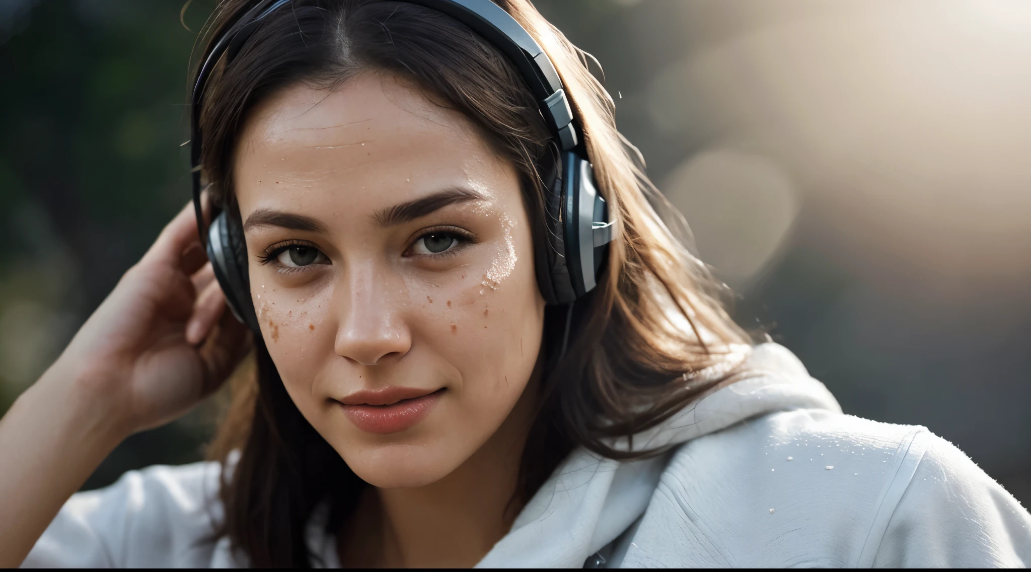 dressed, (photo realistic:1.4), (hyper realistic:1.4), (realistic:1.3), (smoother lighting:1.05), (increase cinematic lighting quality:0.9), 32K, 1girl,20yo girl, hearing music with headphones, realistic lighting, backlighting, light on face, ray trace, (brightening light:1.2), (Increase quality:1.4), (best quality real texture skin:1.4), finely detailed eyes, finely detailed face, finely quality eyes, (tired and sleepy and satisfied:0.0), face closeup, t-shirts, (Increase body line mood:1.1), (Increase skin texture beauty:1.1)
