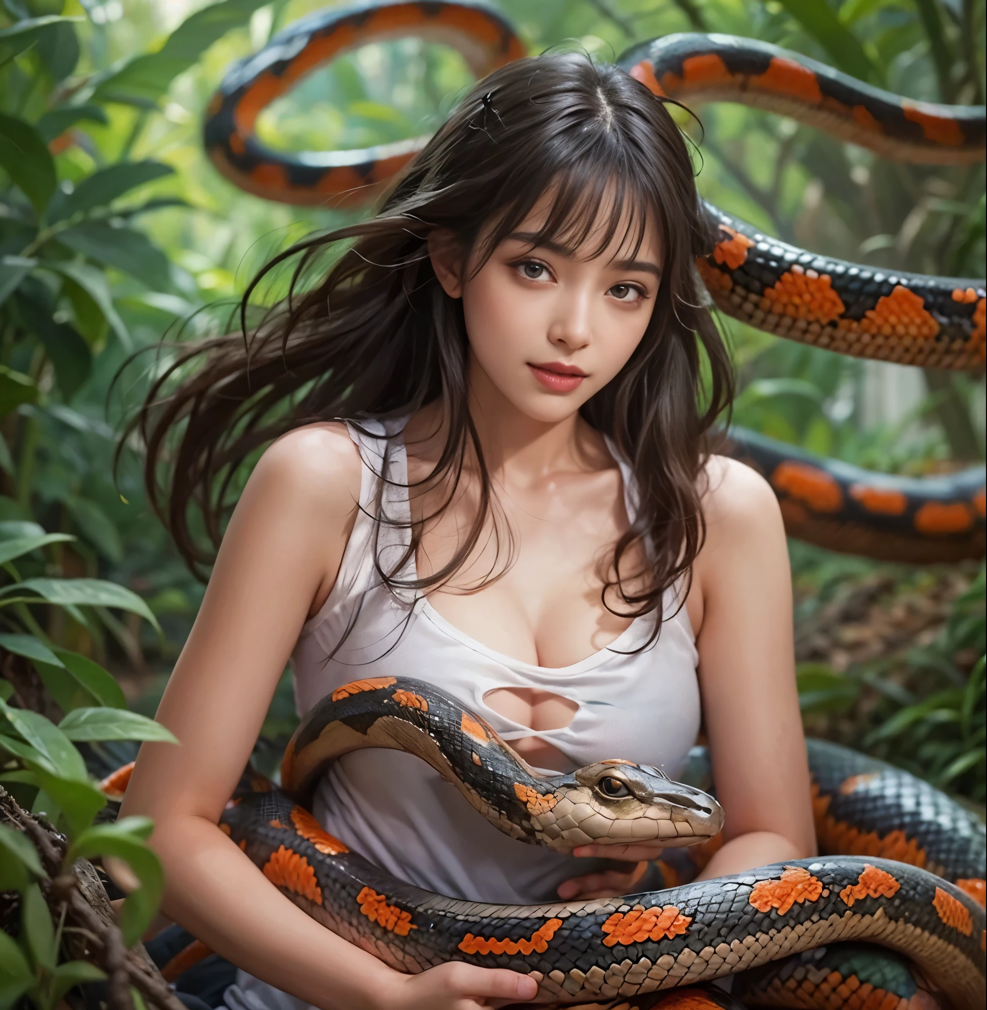 Ancient Chinese girl, bare-chested, snake woman, sitting on a very large white snake curled up, Yu Wa, ancient snake god, fantasy, inspired by Chinese fiction. Green Snake Queen A large green snake curled up in the ancient Chinese bamboo forest. Green hair, red irises, red eyes, legs spread wide, legs raised. nude, smile