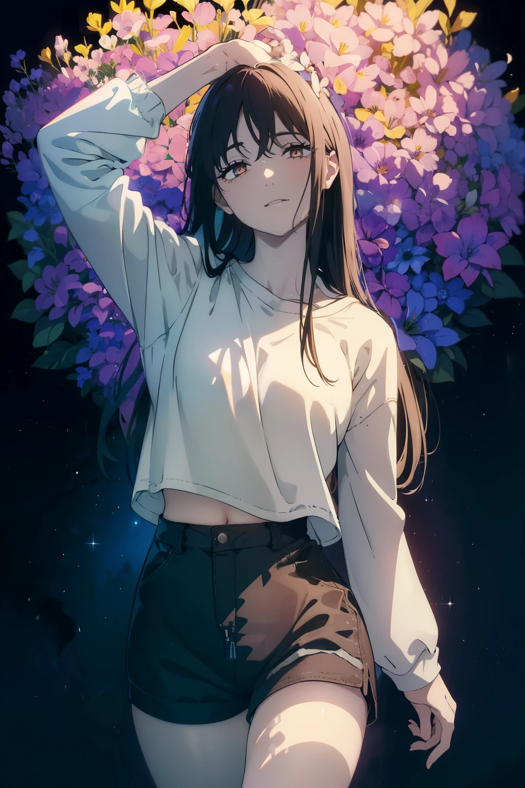 ((((Obra maestra, La mejor calidad, ultrahigh resolution)))), 1girl, standing, (baggy white t-shirt, loose fitting blue shorts, long back hair, long dark black hair, pale skin, ((shining brown eyes)), ((ultra detailed eyes:1, beautiful and detailed face, detailed eyes:1)), (centered), smile, (wide shot), facing viewer, (((vibrant background of outside, LSD flowers, bright lighting, darkness)), flat chested, ((looking at viewer)), ((half closed eyes)), ((perfect hands)), ((head:1, hips, elbows, arms, in view)), empty eyes, beautiful lighting, defined subject, 25 years old, ((a very cool image)),