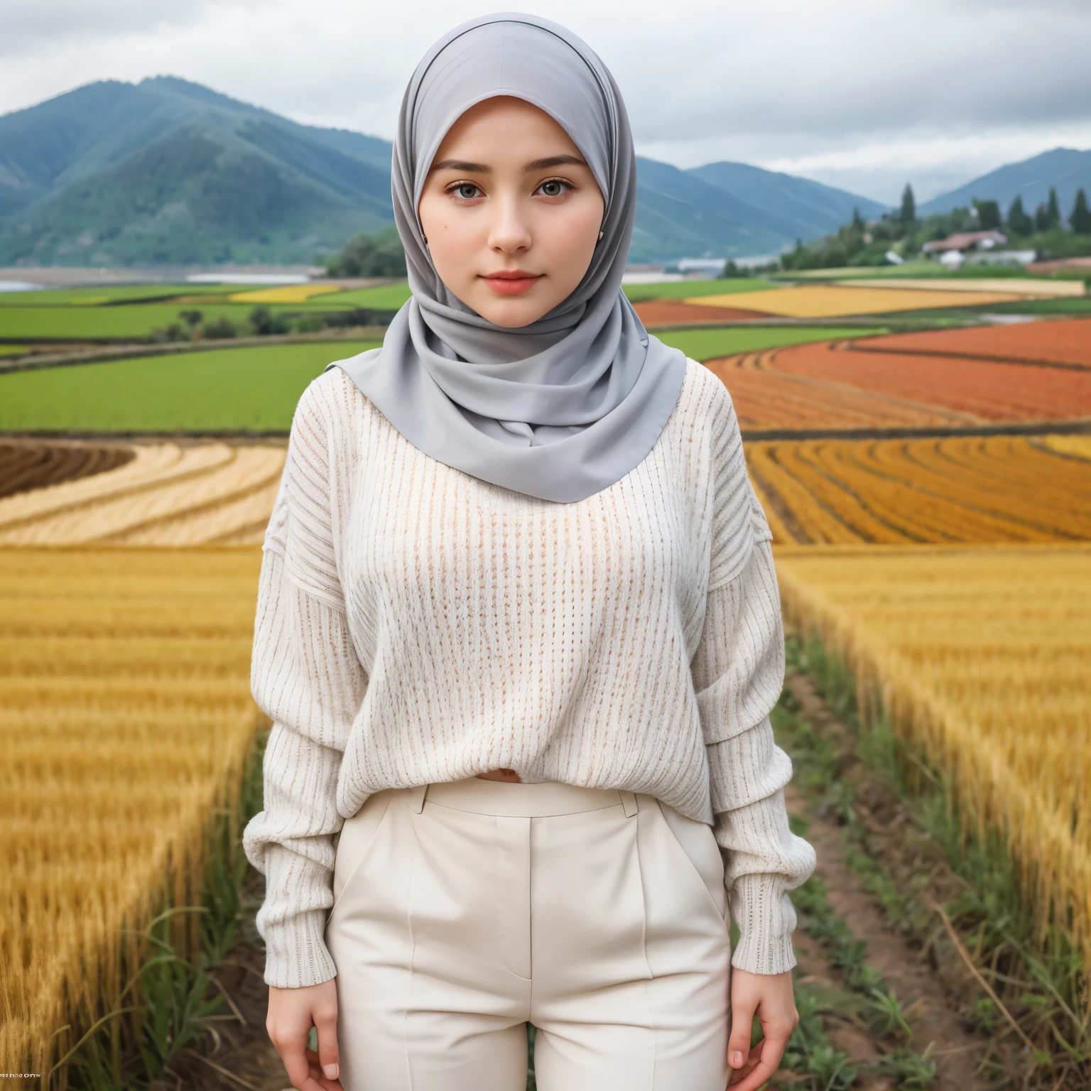 1 Girl, Beautiful, Russian Baby Face, 28 Years Old, White Skin, Hijab, orange sweater, grey long pants, Big Chest, looking directly at the camera, rice fields Background, beautiful pose, full body: 1.3, 8k uhd, dslr, (realistic face), realistic eyes, beautiful detailed eyes, (realistic skin), beautiful skin, ultra high res, ultra realistic, highly detailed, (best quality:1.3), standing,