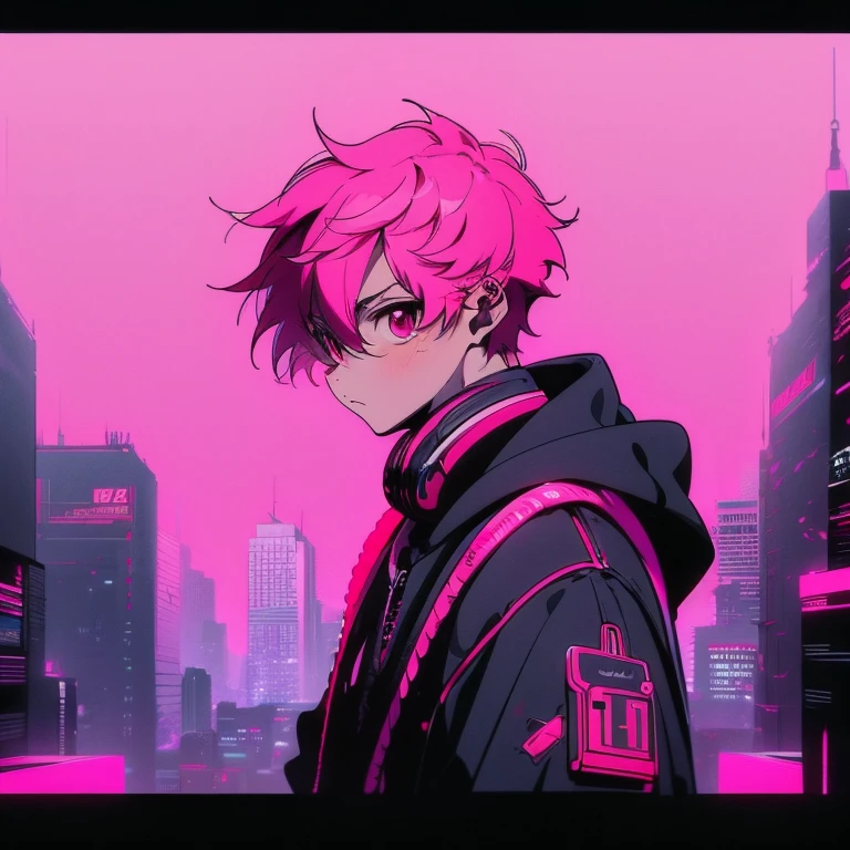 (short-cut), (Two-block hair), (vivid pink hair), (male character), (Red Eyes), (Cool pose), (of the highest quality), (​masterpiece), (ultra-detailliert), (Oversized hoodies), (cool headphones), (Street), (neons), (Camera from a down angle), (Modern City), (neonsデイライト), (Cinematic), (Stylish), (hight resolution), (Hyper Detailed), (Looking at the camera), (Anime-style), (Softtown), (nightcore), (a handsome man), (Listening to music), (natural appearance of the building), (casual), (ig studios anime style), (Stylish angle of view),