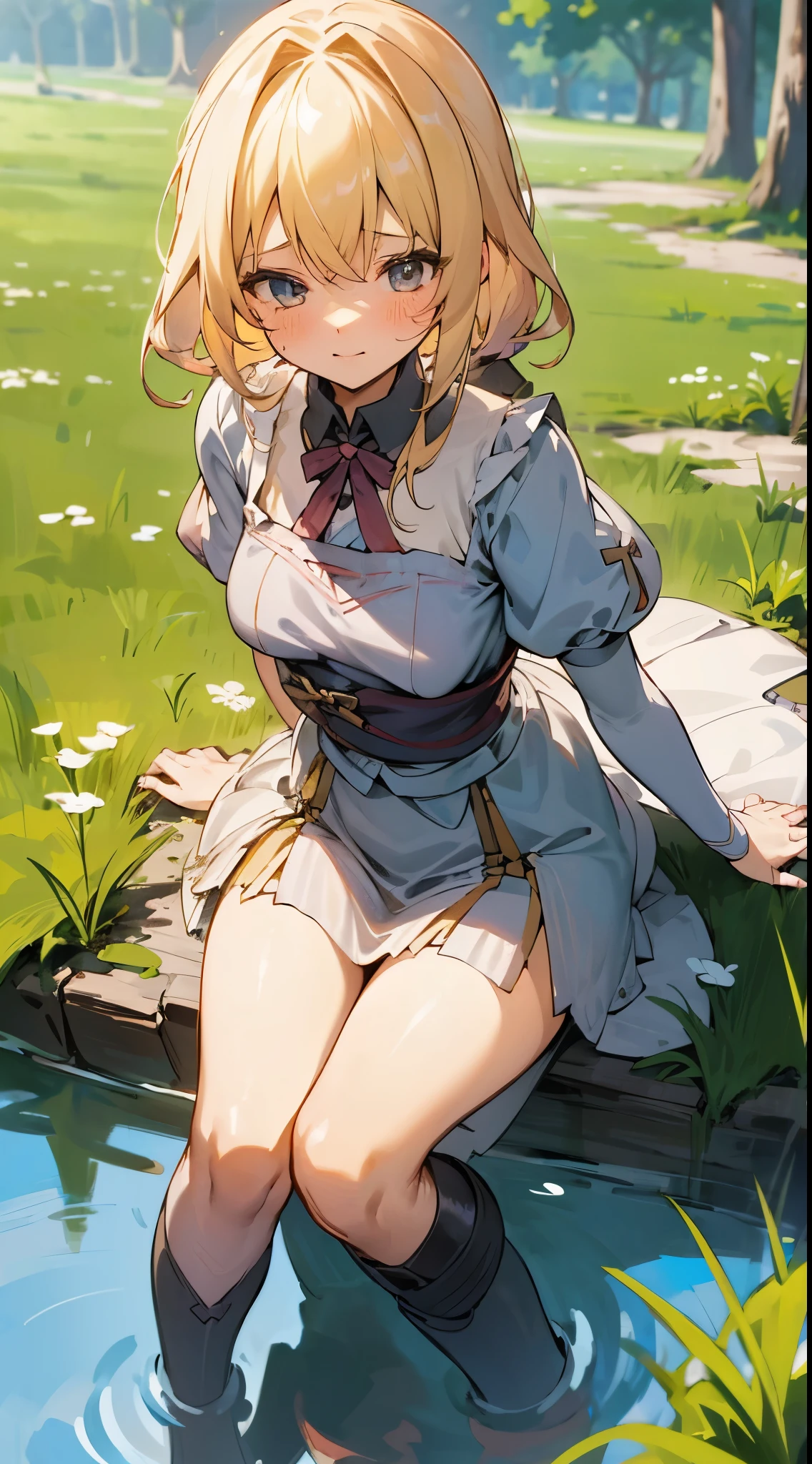 anime styled, The ultra -The high-definition, alice in the wonderland, Super cute girl, ((a blond:1.4)), ((Long:1.4)), shame, Shyness is a shy smile, Light blue fluttering short dress, frilldの付いた白いエプロンスカートを重ねる, frilld, A large white ribbon is tied in the back around the waist of the dress. , B-cup breasts, Light blue fluttering mini skirt, ソックスは爪先から太ももの半ばあたりまである長い白色のknee high, ((knee high:1.4)), and draw the full body, In the forest where bright sunlight shines through, Clothes disheveled and chest exposed, teatsが見えている, ((teats:1.4)), Her skirt is in disarray and her crotch is visible., 股のFemale genitalsが見えている, ((Female genitals:1.4)), Pee, お漏らししてPeeが股から勢いよく出ている, Lying on the ground, lying on one's side, Urine excreted on the ground around the waist forms a small puddle., ((pissing:1.5)), I'm holding out my hand as if to invite you here, Looking here, Draw a girl from a random direction