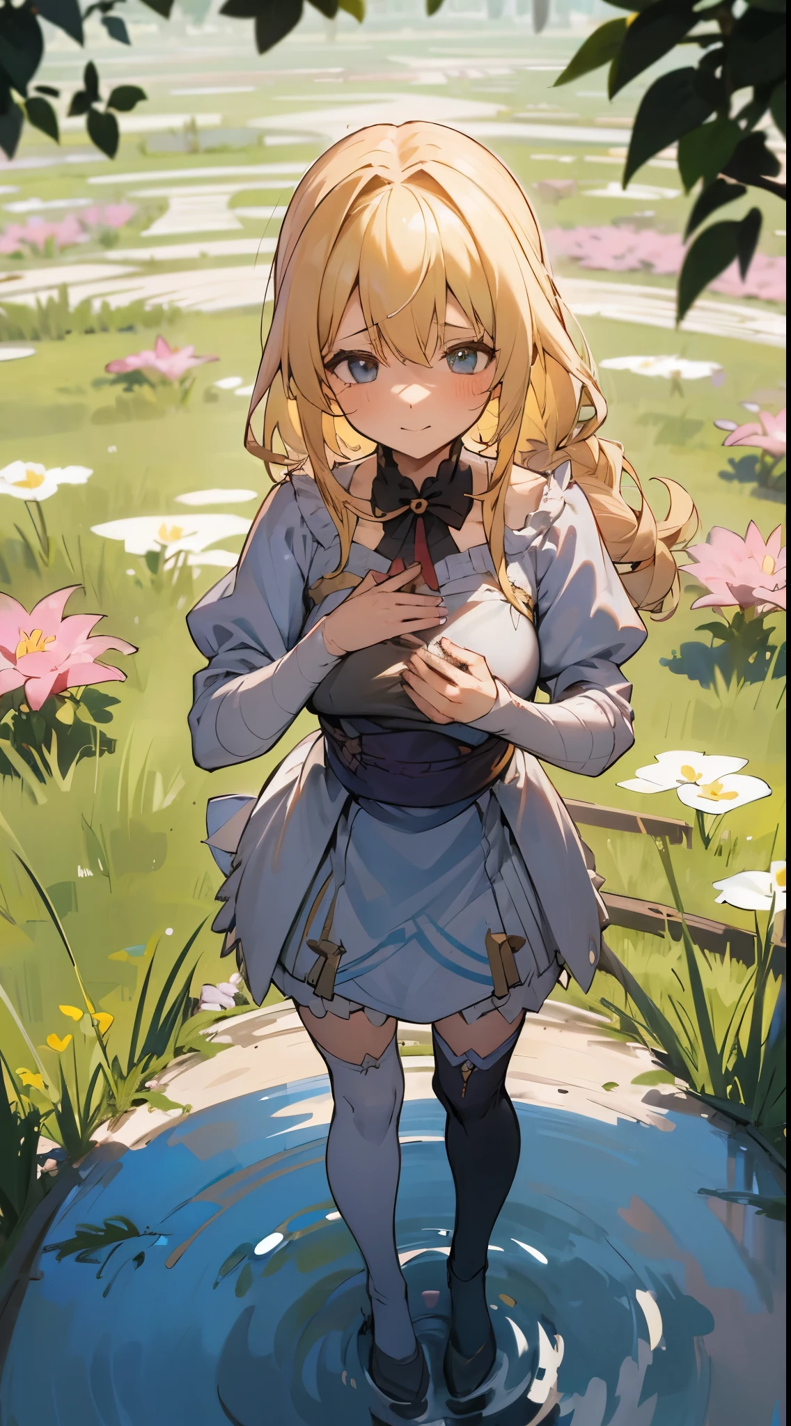 anime styled, The ultra -The high-definition, alice in the wonderland, Super cute girl, ((a blond:1.4)), ((Long:1.4)), shame, Shyness is a shy smile, Light blue fluttering short dress, frilldの付いた白いエプロンスカートを重ねる, frilld, A large white ribbon is tied in the back around the waist of the dress. , B-cup breasts, Light blue fluttering mini skirt, ソックスは爪先から太ももの半ばあたりまである長い白色のknee high, ((knee high:1.4)), and draw the full body, In the forest where bright sunlight shines through, Clothes disheveled and chest exposed, teatsが見えている, ((teats:1.4)), Her skirt is in disarray and her crotch is visible., 股のFemale genitalsが見えている, ((Female genitals:1.4)), Pee, お漏らししてPeeが股から勢いよく出ている, Lying on the ground, lying on one's side, Urine excreted on the ground around the waist forms a small puddle., ((pissing:1.5)), I&#39;m holding out my hand as if to invite you here, Looking here, Draw a girl from a random direction