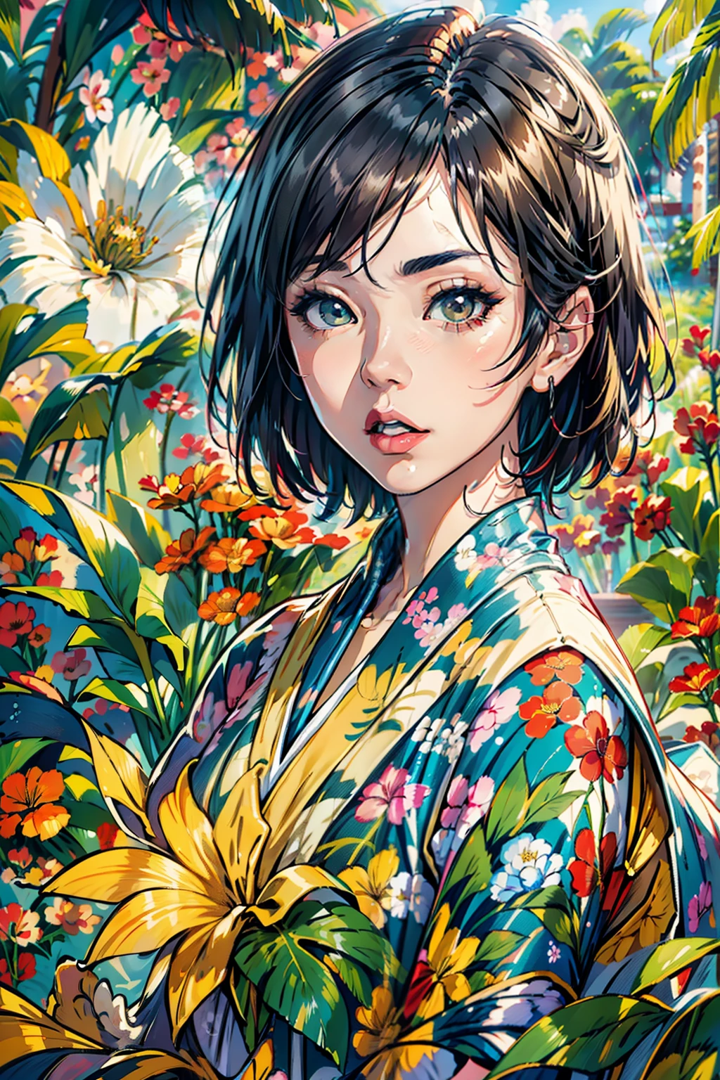 Create digital artwork in pop art style, Featuring beautiful Japanese actresses with vibrancy and confidence、short-haired、Wearing a dress、Movie color schemes, Tropicalな花々surrounded by motifs of, Vivid brush strokes,Emotions must be dynamic, Upper body 、Illustration, grayscales, Tropical, Many flowers,