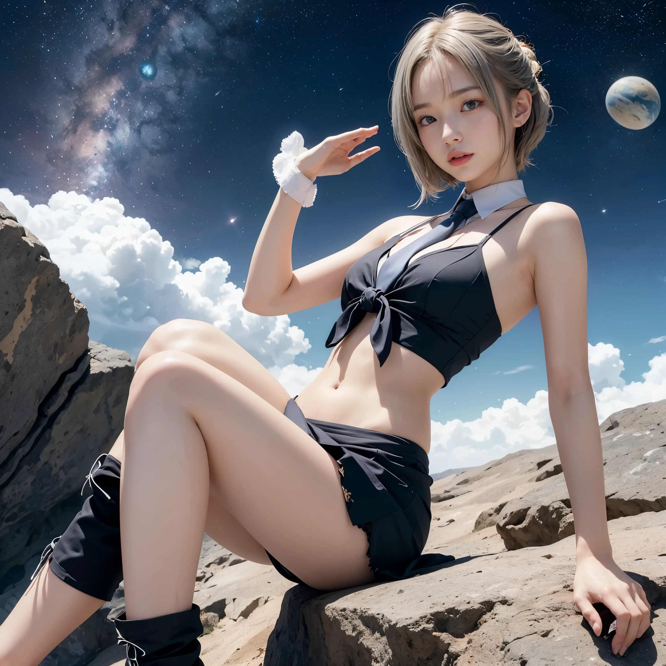 (masutepiece, Best Quality:1.2), 8K, Official art, Surprised expression、Sit up、Spread your crotch、Show panties、Cute navel、breasts looking、pink panture ball bill 、put one's hand over one's mouth、Wearing a suit、Gesture of removing tie、You can see the chest、Rough image of a girl in uniform holding a globe, official artwork, portrait anime space cadet girl, with earth, girl in space, Space High School, Space Girl, planetes, Trending on CGSTATION, 太陽系外planetes, Official art, Mar Planet, beautiful anime high school girl, sakimichan, planetesの隣に浮かぶ, in intergalactic japan、Five Fingers Photos'Body of, full body Esbian、Suit Beauty、Big Dipper in the background、star explosion、A dark-hairedの美しい裸足の女性, hold a flame in your right hand、tie a tie with your right hand、Turn your face up、looking-down、cool expression、明るい溶岩の光が小planetes帯の下から壊れた地球の上に昇る(Jagged rock rocks and fragments shot into the air:1.3) (Storm of windy dust debris:1.1) Volume fogmist by trace Z、It can allow bright light from below to pass through、 (masterpiece) (top-quality) (detaileds) (8K) (电影灯光) (foco nítido) (Convoluted)A dark-haired、years、small tits、A delightful、A smile、unbelievable Ridiculous, (a beauty girl, Pretty Face, arching back down, Gold hair ornament on hair、wearing a suits、close up, Wearing a suit, Short sleeve, gardenia, violaceaess, spaces , Looking at Viewer, Film grain, chromatic abberation, オッパイfoco nítido, face lights, Dynamic lighting, Cinematic lighting, detailedsな目と顔, (Gray tie、1 copy:1.2)