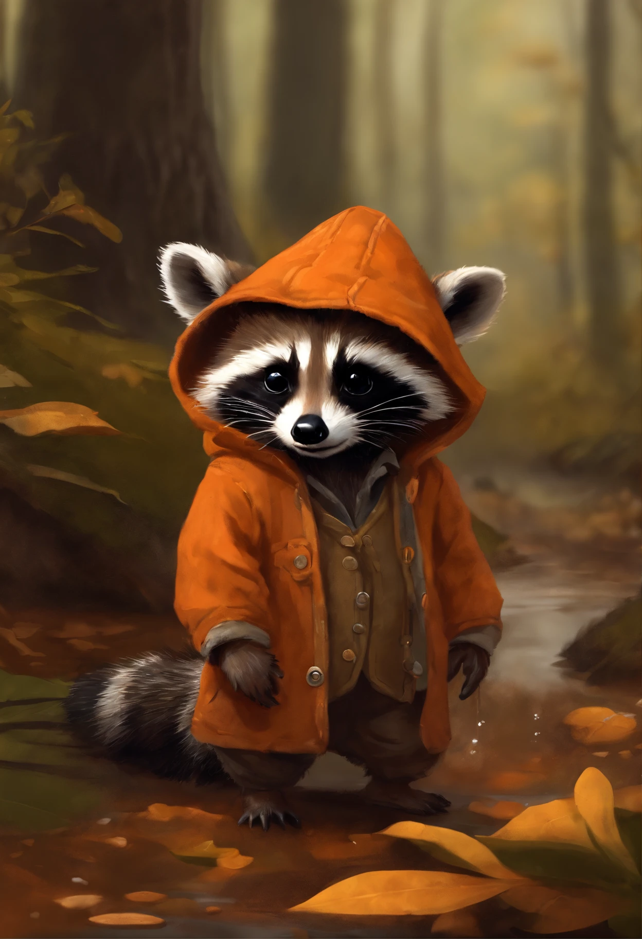 真实感, dark fantasy style, John Tolkien style, Small painting by Jean-Baptiste Monge,   Portrait of the cutest illustration of a little raccoon in an orange jacket, holding an acorn, puddle, oak, Artstation, ....CGI_Animation, small raccoon in orange overalls and overalls, walks through the autumn forest,   puddles after recent rain, adorable digital painting, rob rey, Anthropomorphic baby raccoon, based on Jean-Leon Gerome, inspired by Johannes Helgeson, portrait of a gnome called eldon, Jean Baptiste monge, jean - baptiste monge, Brian Despin Jean-Baptiste Monge, anthropomorphic --ar 2:3 --testp -optimistic;