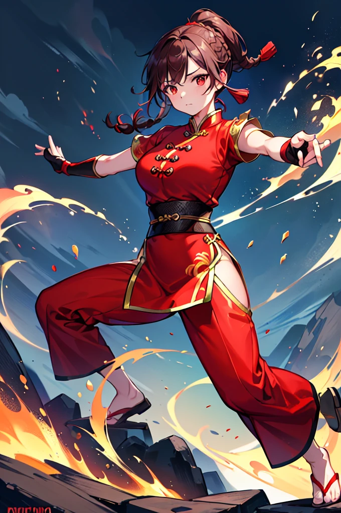 lei kugo live a live, qipao, chinese clothes, traditional clothes, action pose, full body, brown hair, braided hair, scars on face, martial arts, action pose,lei kugo, live a live, (1girl), medium breasts, ((red chinese clothes)), wanderer, traditional clothes, fighter clothes, gauntlets, elbow gloves, fingerless gloves, stockings, full body,(( brown hair)), ponytail, braided hair, (((scars on face)) , hourglass figure, female, clean face, human head, human proportion, good proportion, normal body shape, action pose, martial arts, kung fu, background, mountain, imperial chinese,