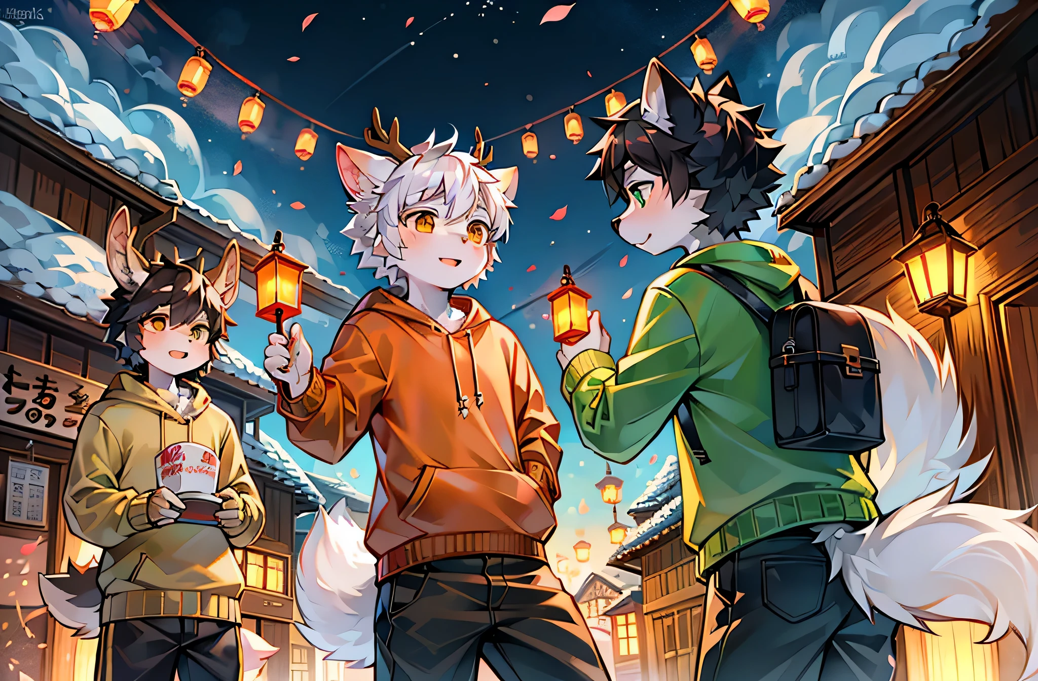 White hair, Green-eyed deer wearing white sweater，Black haired orange eyed wolf wearing orange sweater，deer antlers，在雪里放firecrackers，Peach blossom tree，falling flower petals，White petals，Oyuki，nigh sky，shota，firecrackers，spark of light，As estrelas，两个shota，lanterns，new year，having fun，furry tail，backpacks，Wear thick clothing，It was cold