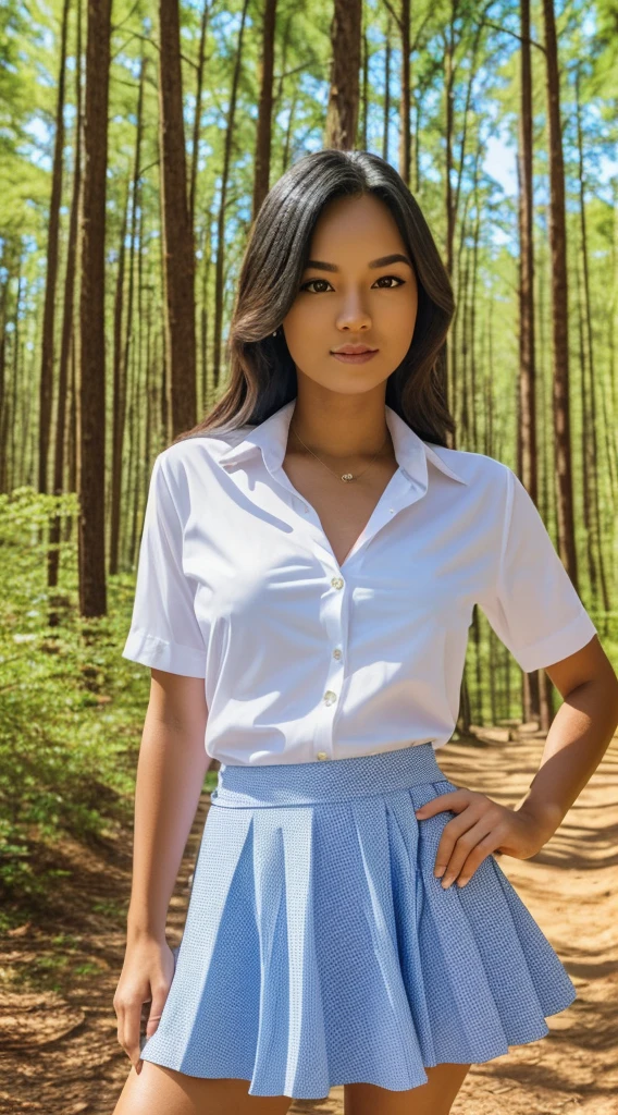 Generate an image of a young woman standing full body image . She should have long, wavy and long hair, and an innocent look with a light smile. The uniform should consist of  of Sri Lankan government school , The background should depict a school setting with trees or a playground visible. The expression on her face should convey a gentle, innocent demeanor with a hint of a smile,masterpiece, best quality,Photography Film Print,not angle,1girl,light smile, full body, show legs.