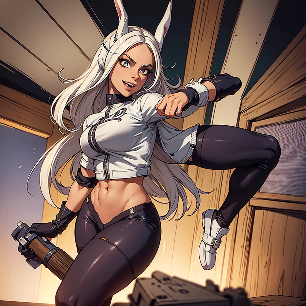 beautiful young warrior with bunny ears on her head, com rosto bem detalhado e bonito, belos olhos, belos olhos, rosto lindo, mulher jovem e bonita vestindo leggings longas com detalhes pretos, usando mini saia curta, usando jaqueta de couro preta, Standing in a castle, usando bota preta, cabelo comprido branco, ,orelhas de coelho, belo sorriso, Tomboy, um pouco musculoso,suter branco com cinta em volta, olhar serio,usando jaqueta de couro , leather jacket