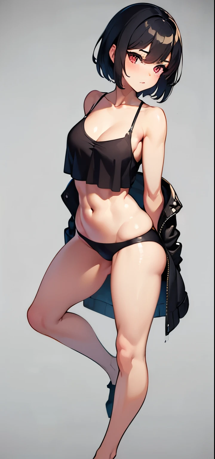 ((Best Quality, 8K, Masterpiece: 1.3)), 1girl, solo, {45 years old, milf, black hair, (tomboy:1.2), very short hair, side shave, asymmetric hair, red eyes, small breasts}, Full Body, Focus Clear: 1.2, Outstanding Beauty: 1.4, Slender Abs: 1.2, Black Tank Top, Highly Detailed Face and Skin Texture, Detailed Eyes, Double Eyelids