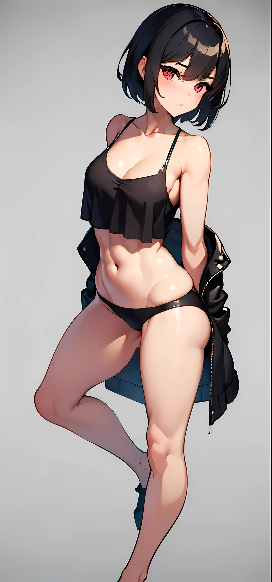 ((Best Quality, 8K, Masterpiece: 1.3)), 1girl, solo, {45 years old, milf, black hair, (tomboy:1.2), very short hair, side shave, asymmetric hair, red eyes, small breasts}, Full Body, Focus Clear: 1.2, Outstanding Beauty: 1.4, Slender Abs: 1.2, Black Tank Top, Highly Detailed Face and Skin Texture, Detailed Eyes, Double Eyelids