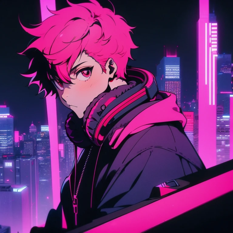 (short-cut), (Two-block hair), (vivid pink hair), (male character), (Red Eyes), (Cool pose), (of the highest quality), (masterpiece), (ultra-detailliert), (Oversized hoodies), (Street), (neons), (Camera from a down angle), (Modern City), (neonsデイライト), (Cinematic), (Stylish), (hight resolution), (Hyper Detailed), (Looking at the camera), (Anime-style), (Softtown), (nightcore), (a handsome man), (Listening to music through headphones), (natural appearance of the building), (casual), (ig studios anime style), (Stylish angle of view),