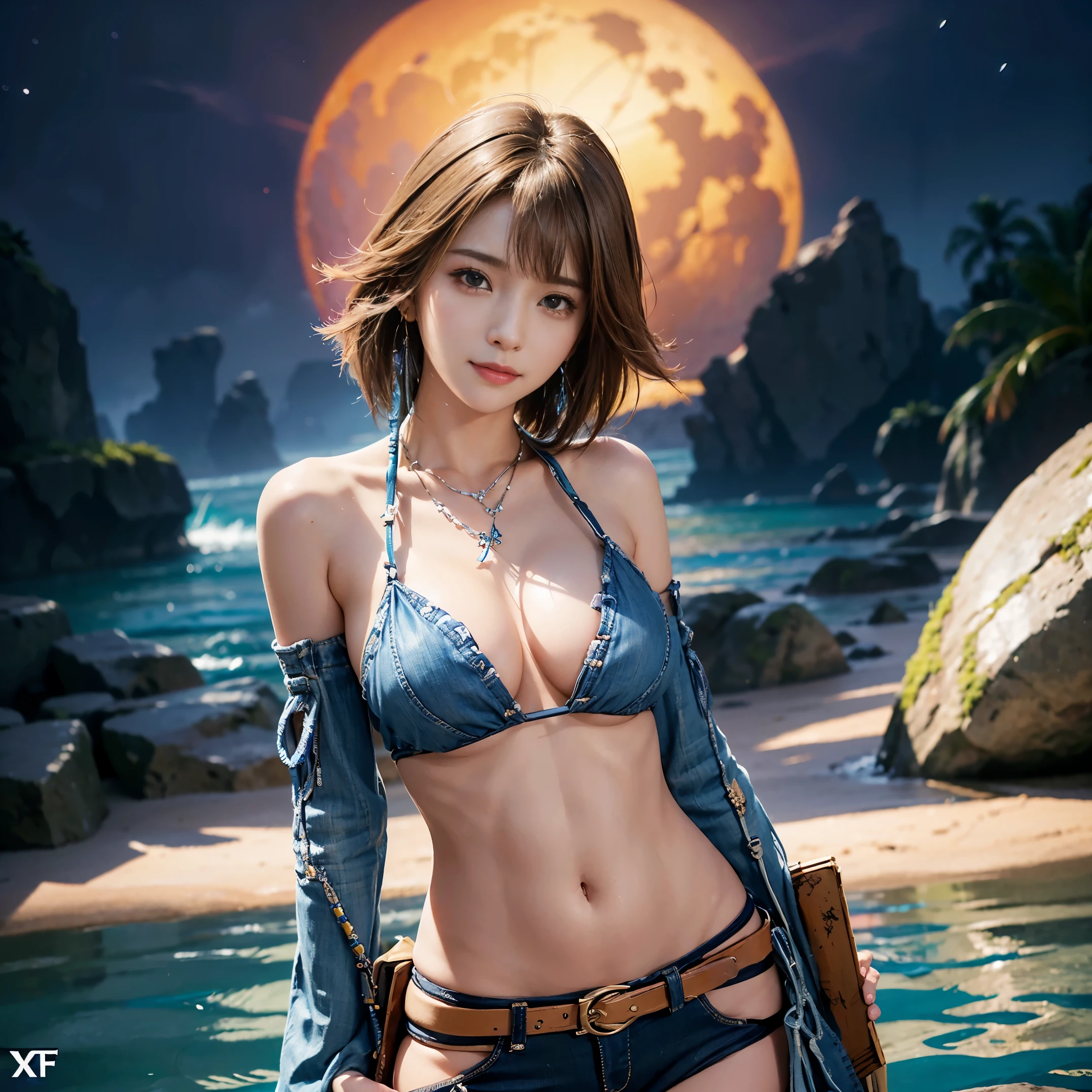 4K,1little girl、Denim Bikini、masutepiece, hight resolution, ultra-detailliert), 1 female, 28 years old, Final Fantasy Yuna x2, More mature, (( Background)), Plain dark Background, ((There is nothing in the Background)), hyper realisitic, Yuna's Final Fantasy Costume, Yuna's original costume design in Final Fantasy X2, (((nffsw.Creative Uncut/Gallery-01/FF10 - 2 - Yuna 2.....html))), Tattered exposed denim shorts, Features of asymmetrical clothing, Belt on the left hip, Simulation of the best clothes, No collar, 1womanl, Windy nights, Yuna&#39;Bob hairstyle, busty, cleavage, middle_Breast, thicc body, Smile, Lack of hanging sleeves,, up close shot, full frontal shot, zoomed in shots, Access HIPS image scope, Smile with closed mouth, head to waist, Characters looking at the camera, looking at you, YunaFFX, blue-beaded earring