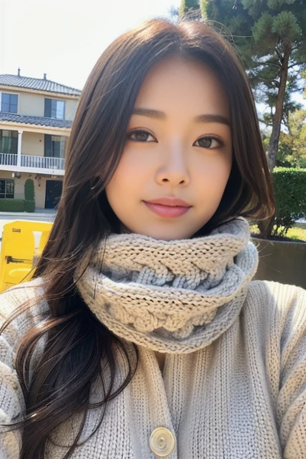((Show face only、Close-up of face、no-makeup))、(realisitic、Photorealsitic、ultra-detailliert、Highest Details Skins、top-quality、masterpiece、超A high resolution)、Cute Japan Woman、17 age、hi-school girl、younggirl、1 girl in、I have bangs、二重まぶた、drooing eyes、Large black eyes、Japanese style face、ssmile、Charming、purity、Straight face、double tooth、View here、realisiticな肌質、Thick muffler、Grey muffler、fluffy hair、((Hair is inside the scarf:1.3))、Red cheeks、The wind is blowing、It's snowing、illuminations、Lighting from behind