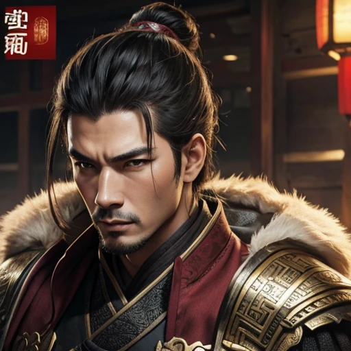 oriental、man in ancient chinese armor、ancient chinese hairstyle man、three kingdom、multiple warlords、top-quality、masterpiece、超A high resolution、(Photorealsitic:1.4)、game poster style、