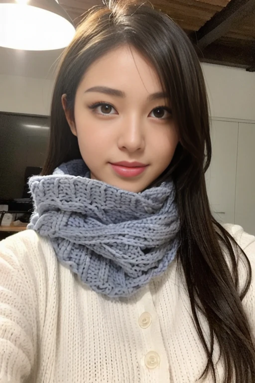 ((Show face only、Close-up of face、no-makeup))、(realisitic、Photorealsitic、ultra-detailliert、Highest Details Skins、top-quality、masterpiece、超A high resolution)、Cute Japan Woman、17 age、hi-school girl、younggirl、1 girl in、I have bangs、二重まぶた、drooing eyes、Large black eyes、Japanese style face、ssmile、Charming、purity、Straight face、double tooth、View here、realisiticな肌質、Thick muffler、Grey muffler、fluffy hair、((Hair is inside the scarf:1.3))、Red cheeks、The wind is blowing、It's snowing、illuminations、Lighting from behind