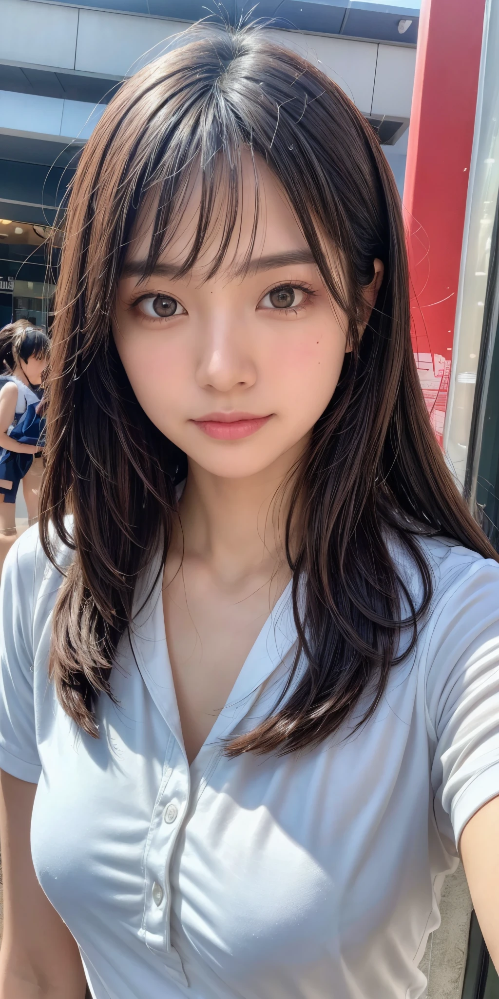 (8k,masterpiece, RAW photo,best quality:1.4),(photo realistic:1.2),(extremely detailed face),(shiny skin),(detailed skin),(detailed face),(extremely beautiful face),1girl,looking at viewer,Japanese idle(actress), brown hair,medium hair,straight hair,asymmetrical bangs,smile,glamor,large breasts, school uniform,christmas market, face focus,natural lighting